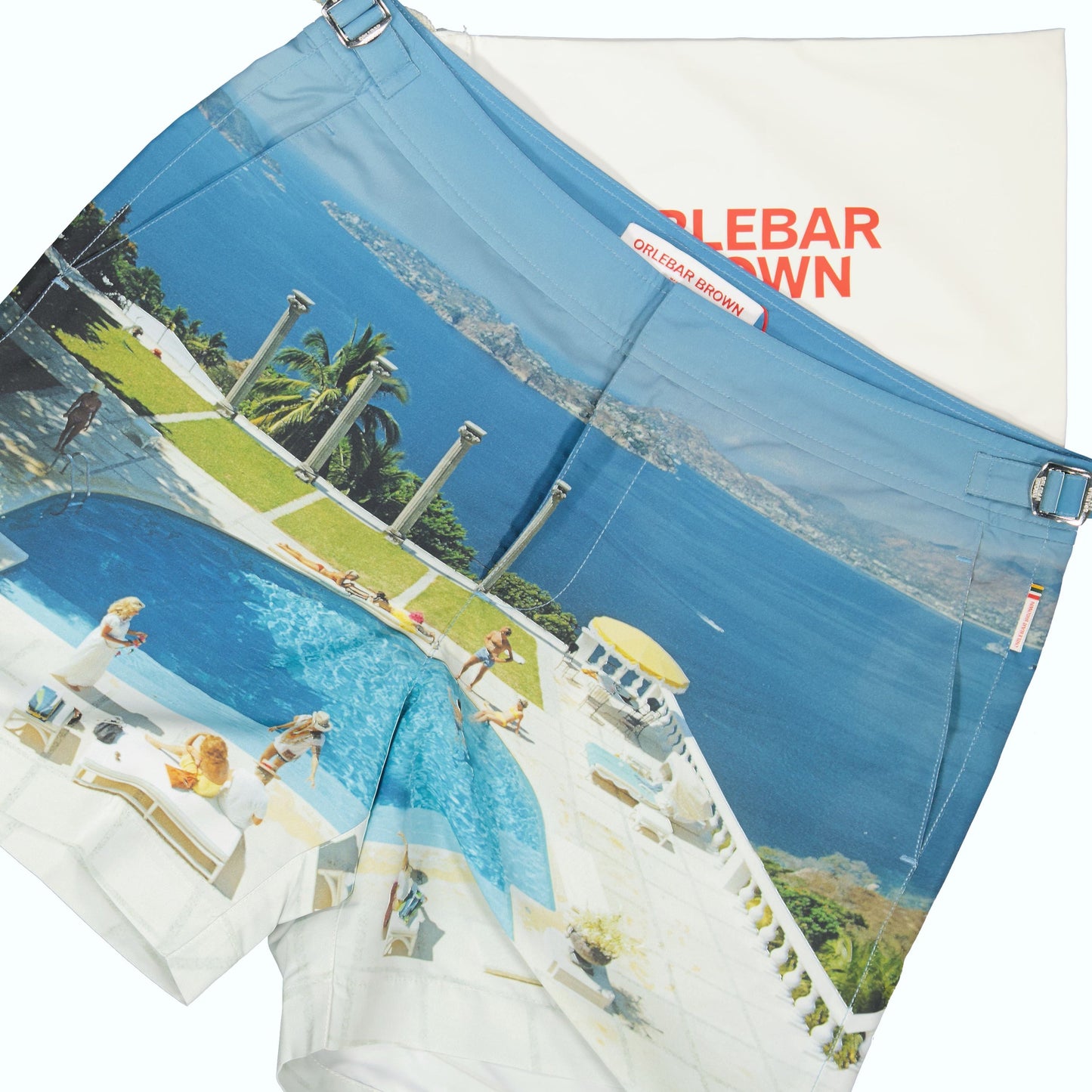 swim shorts, photographic swimwear, men's swimwear, adjustable waist shorts, nylon swim shorts