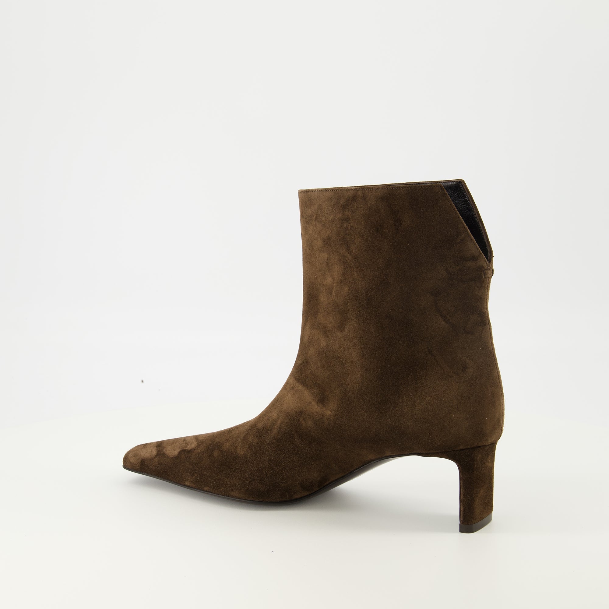 Khaite boots, brown ankle boots, calfskin leather footwear, square toe design boots, luxury ankle boots
