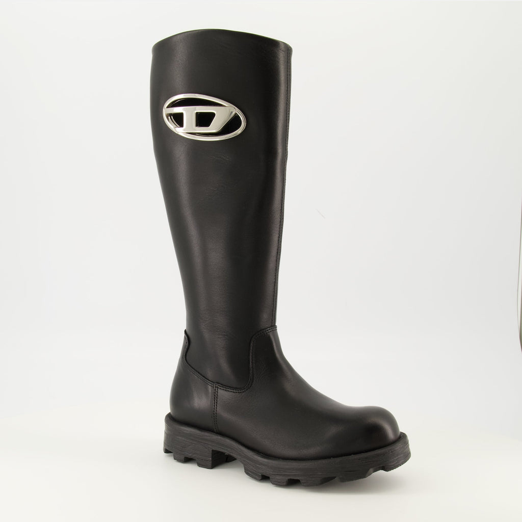 Diesel D-Hammer Boots, black leather boots, knee-high footwear, women's boots, Fall-Winter 2025 collection