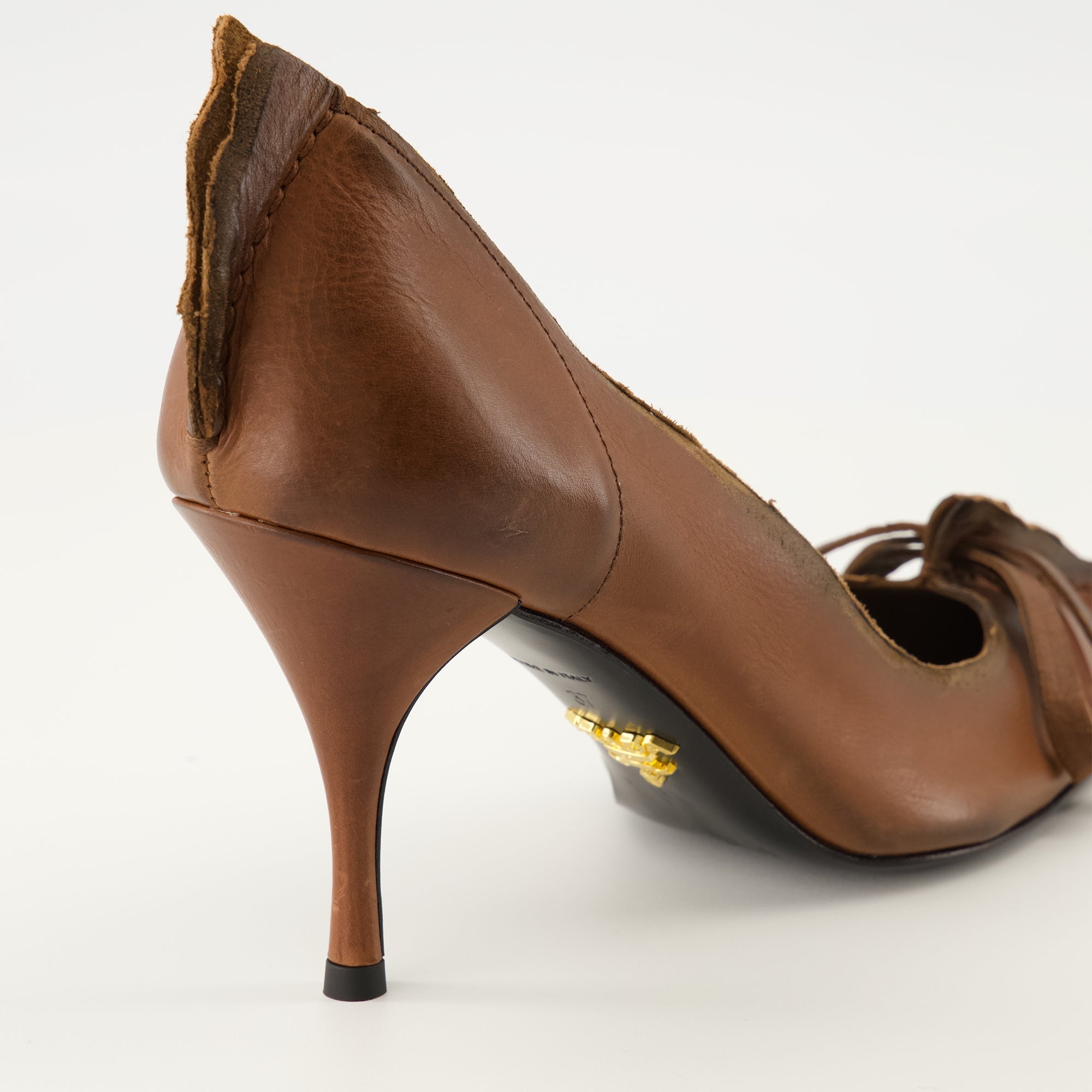 Prada, Brown Leather Pumps, Slip-On Shoes, Elegant Footwear, Leather Sole