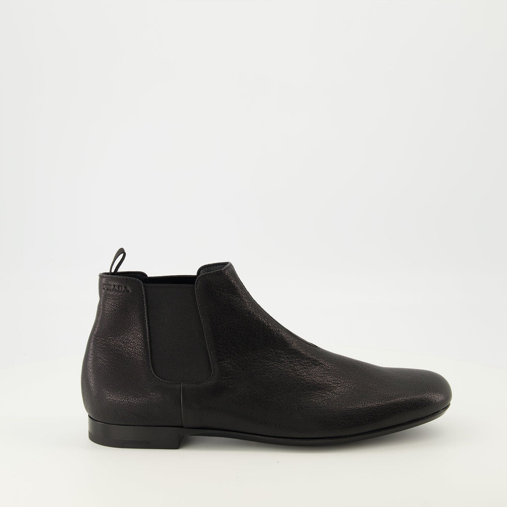 Chelsea boots, black leather boots, Prada footwear, men's boots, grained leather