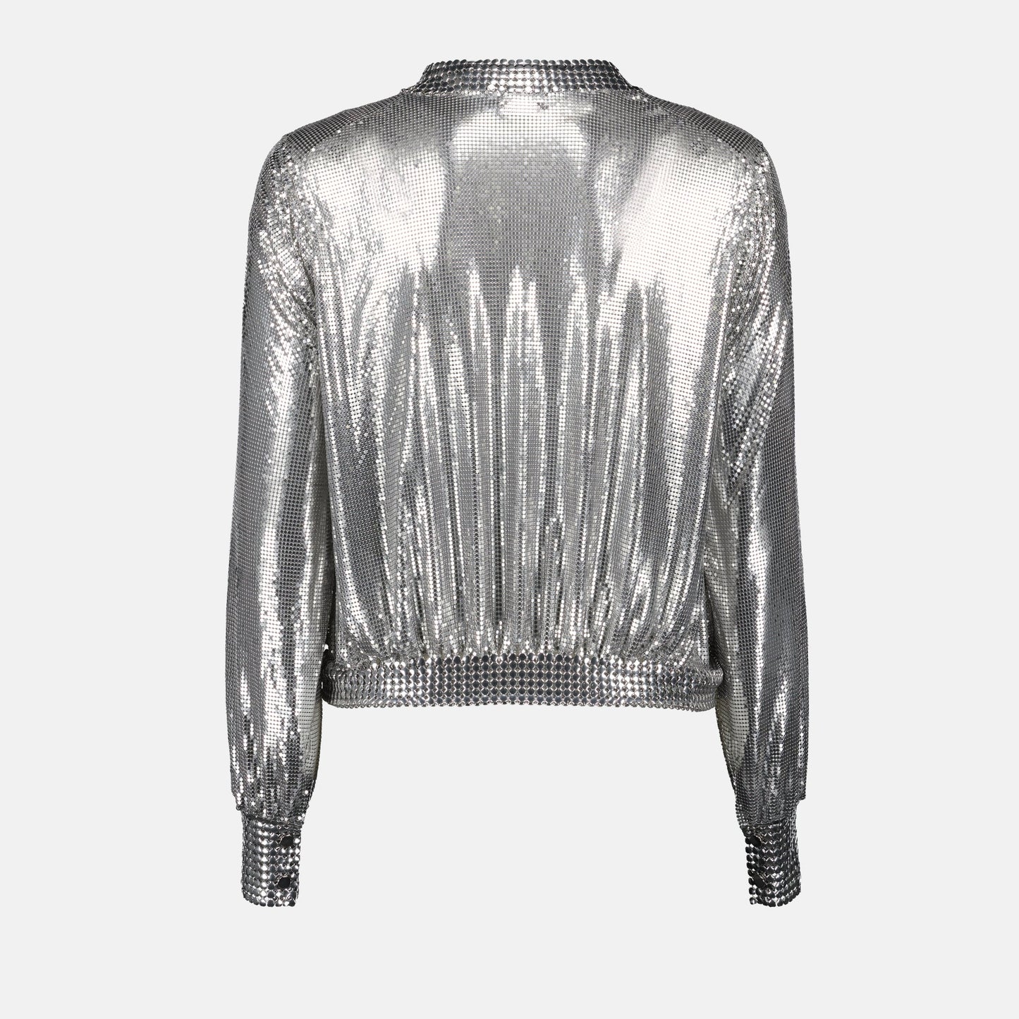 Silver Bomber Jacket, Metallic Knit Jacket, Rabanne Jacket, Autumn-Winter Collection, Round Neck Bomber