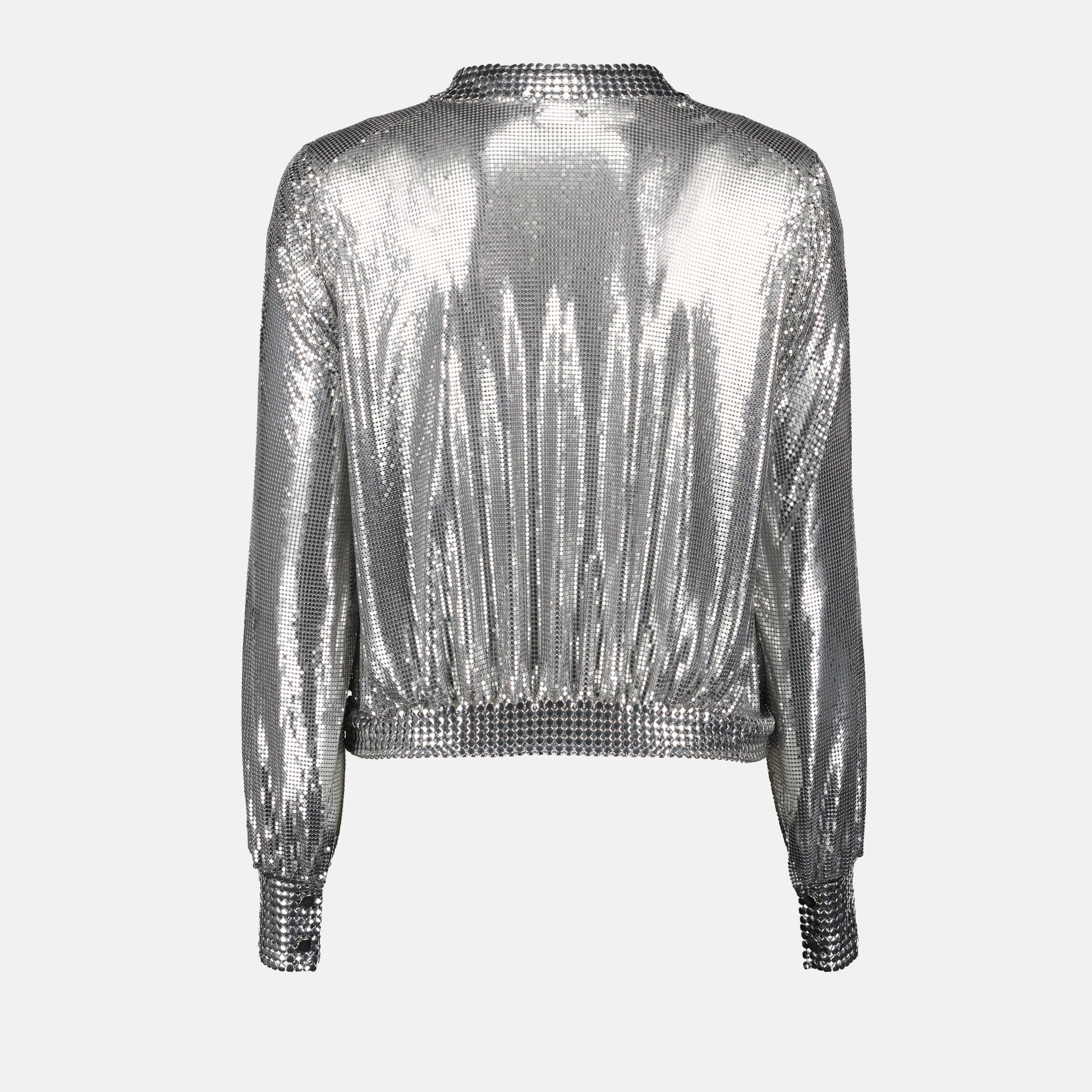 Silver Bomber Jacket, Metallic Knit Jacket, Rabanne Jacket, Autumn-Winter Collection, Round Neck Bomber