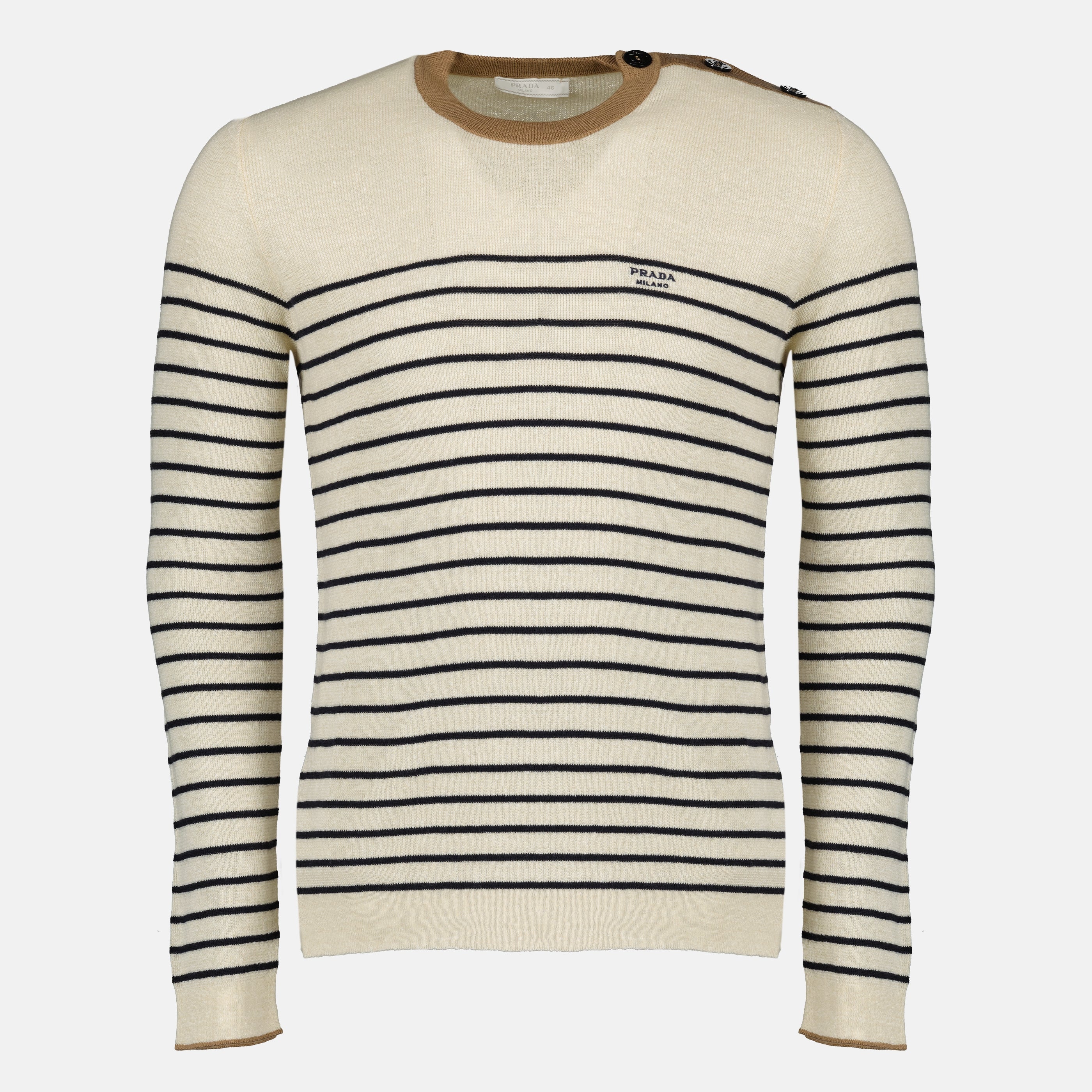 Image of Beige Striped Linen Sweater by Prada for Men - Season Spring-Summer 2026 - Front View