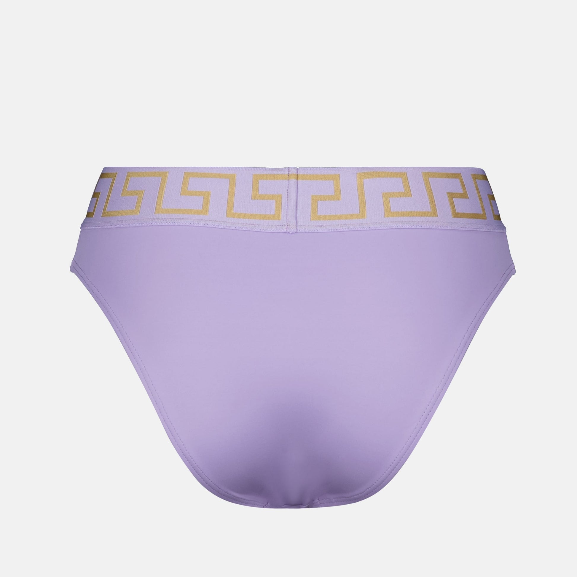 Versace bikini, Greca pattern swimwear, luxury swimwear, purple bikini bottoms, designer beachwear