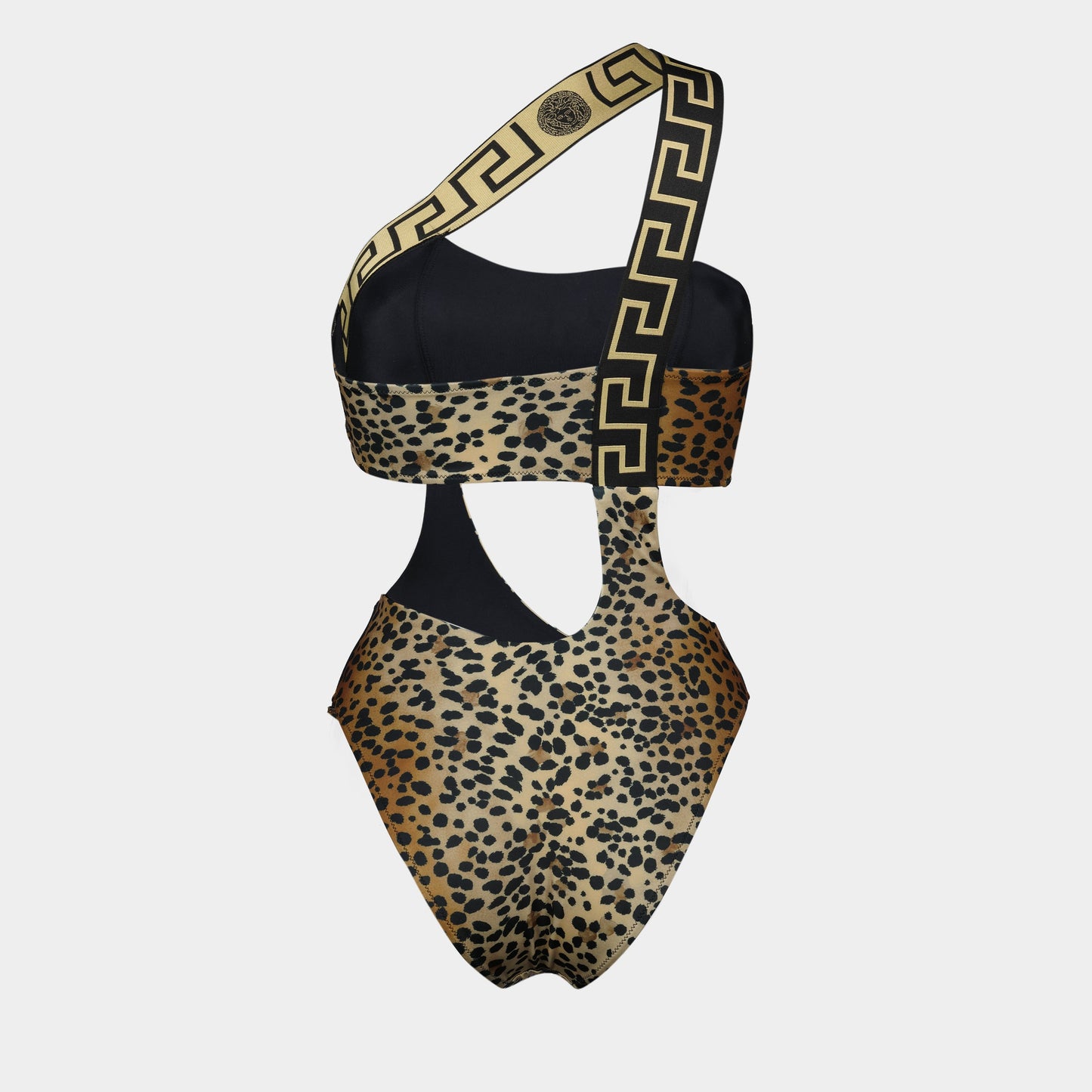 leopard swimsuit, asymmetrical swimwear, Versace swim, designer beachwear, Medusa Greca emblem