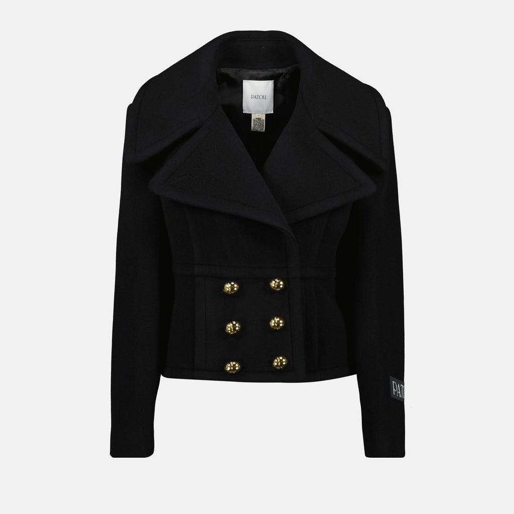 Patou jacket, black wool coat, Autumn-Winter collection, JP monogram buttons, peaked lapel jacket