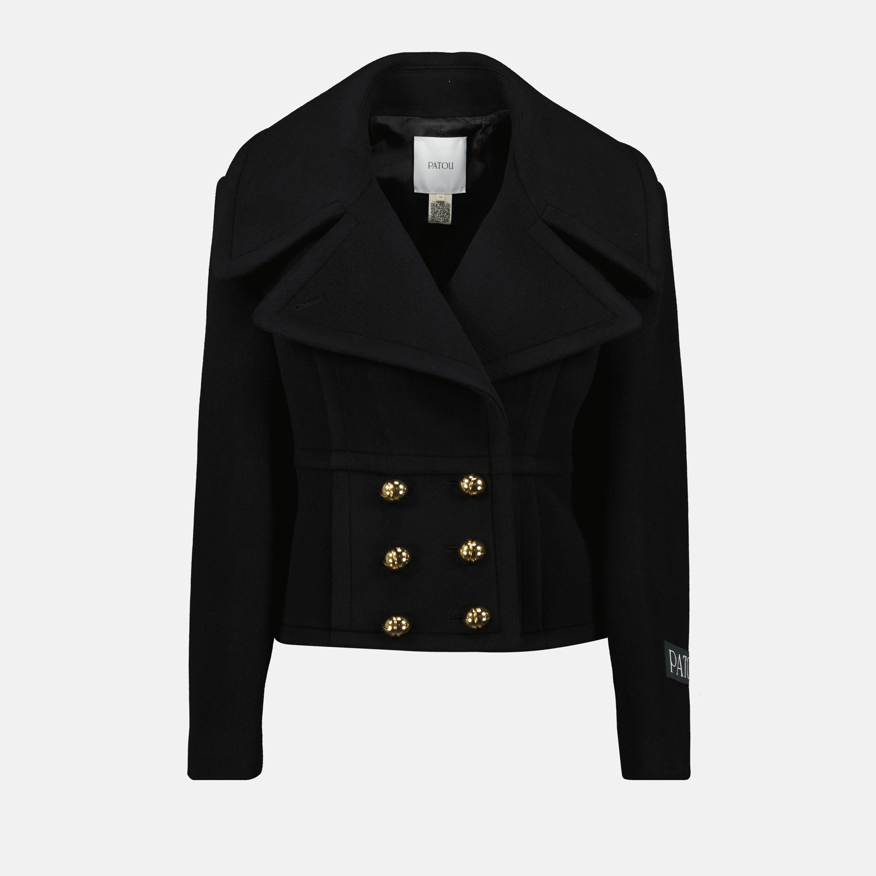 Patou jacket, black wool coat, Autumn-Winter collection, JP monogram buttons, peaked lapel jacket