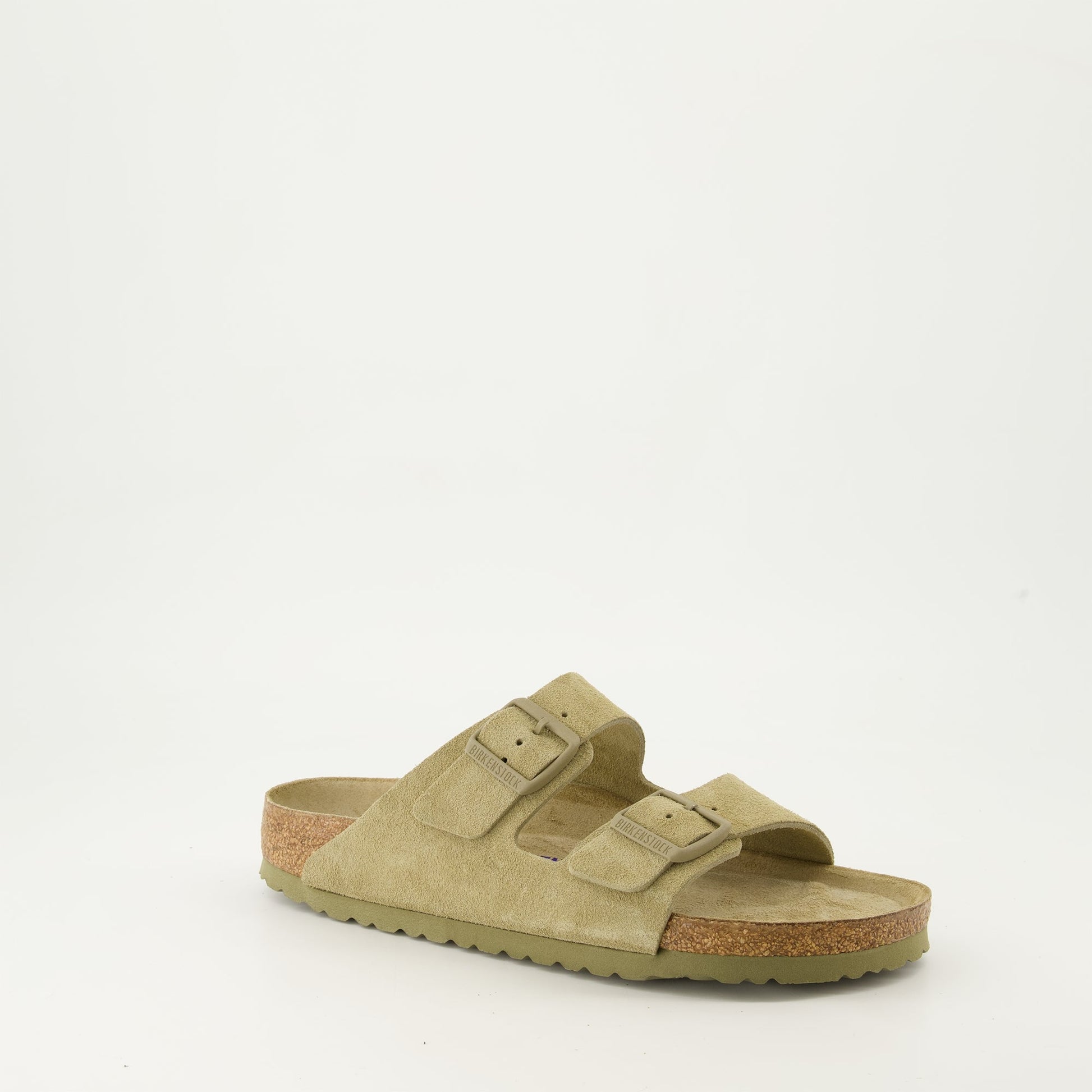 suede slides, Arizona collection, comfortable luxury footwear, green suede slides, molded footbed slides