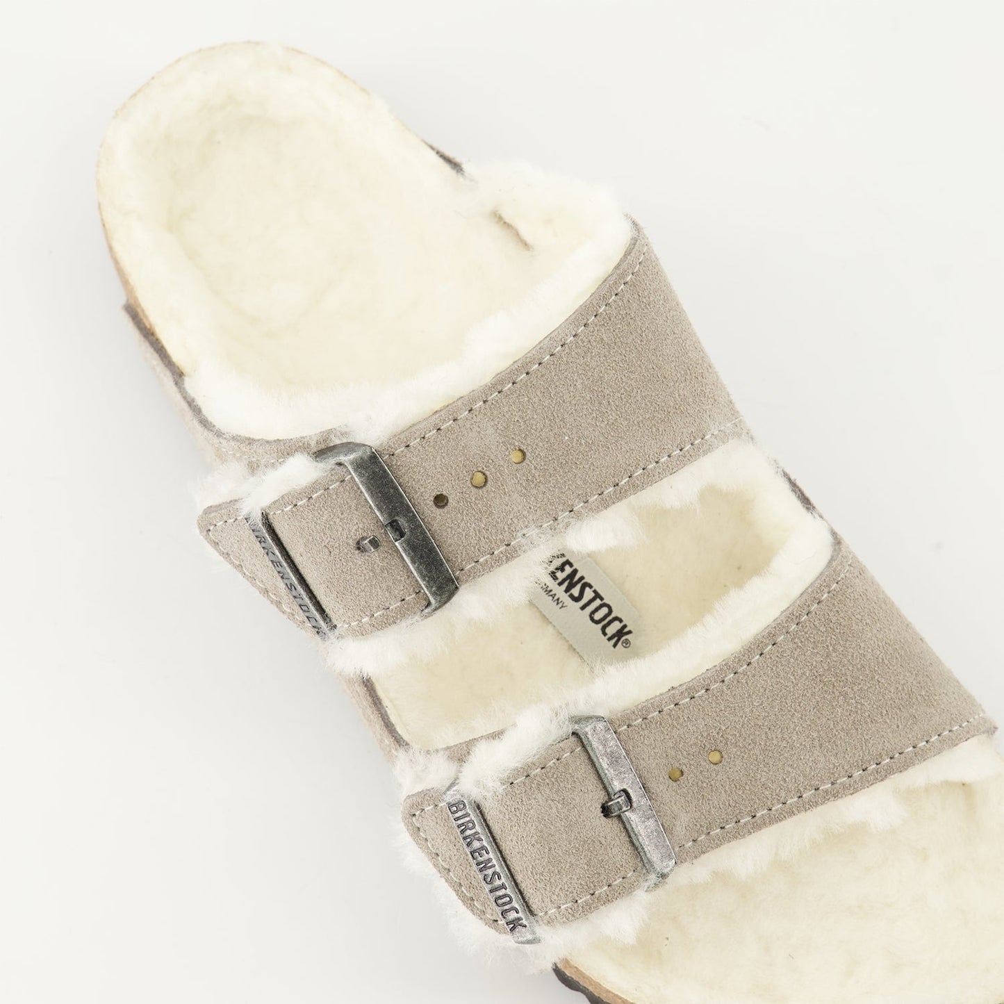 Birkenstock, shearling sandals, suede sandals, grey sandals, luxury footwear