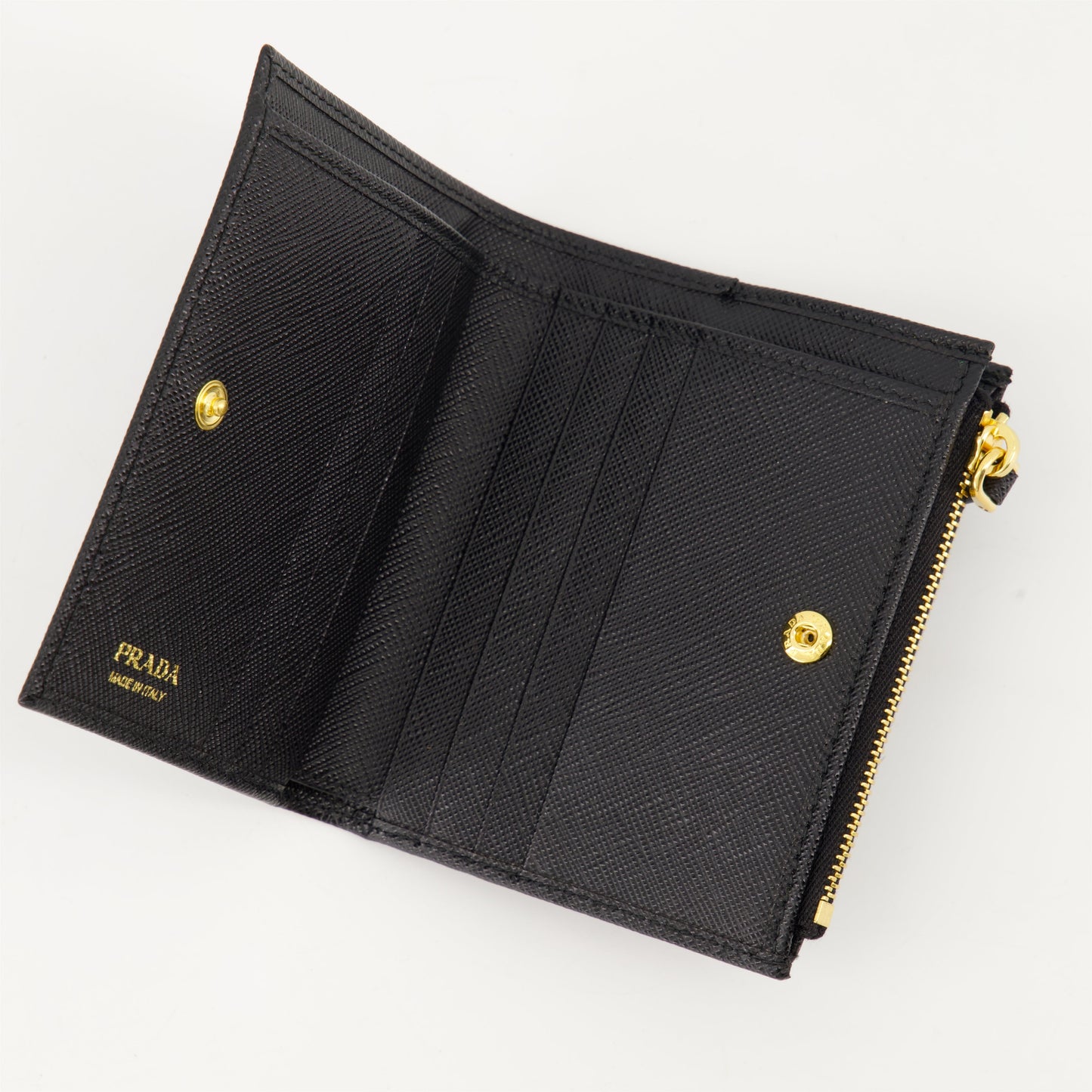 Saffiano leather wallet, Prada wallet, luxury compact wallet, designer wallet, black leather wallet