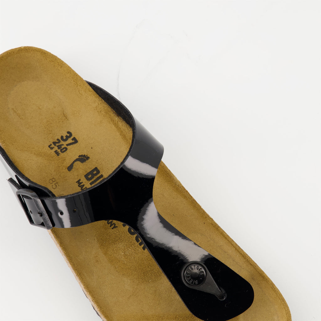 black flip-flops, patent leather sandals, comfortable footwear, adjustable fit sandals, lightweight flip-flops
