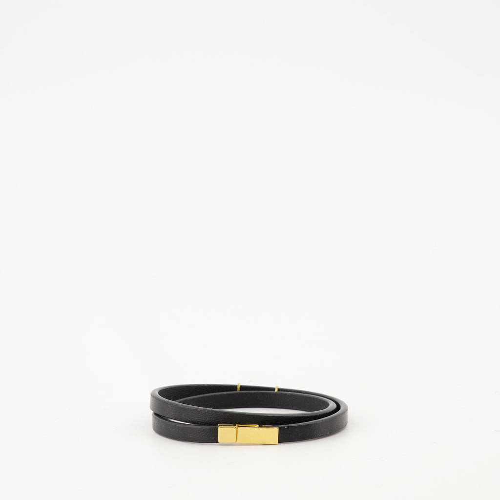 Cassandre Double Tour Bracelet, Saint Laurent bracelet, black leather bracelet, gold metal details, luxury accessories