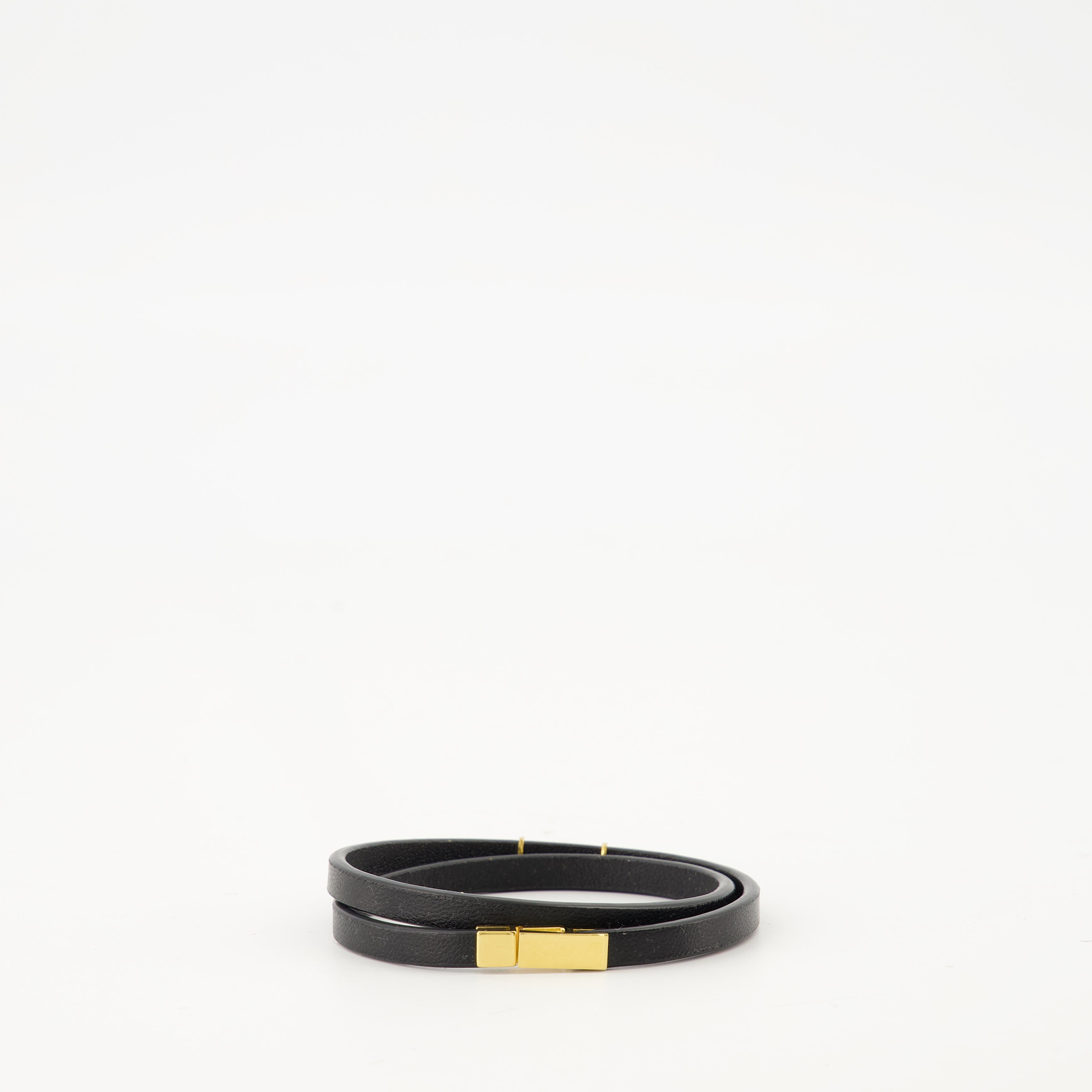 Cassandre Double Tour Bracelet, Saint Laurent bracelet, black leather bracelet, gold metal details, luxury accessories
