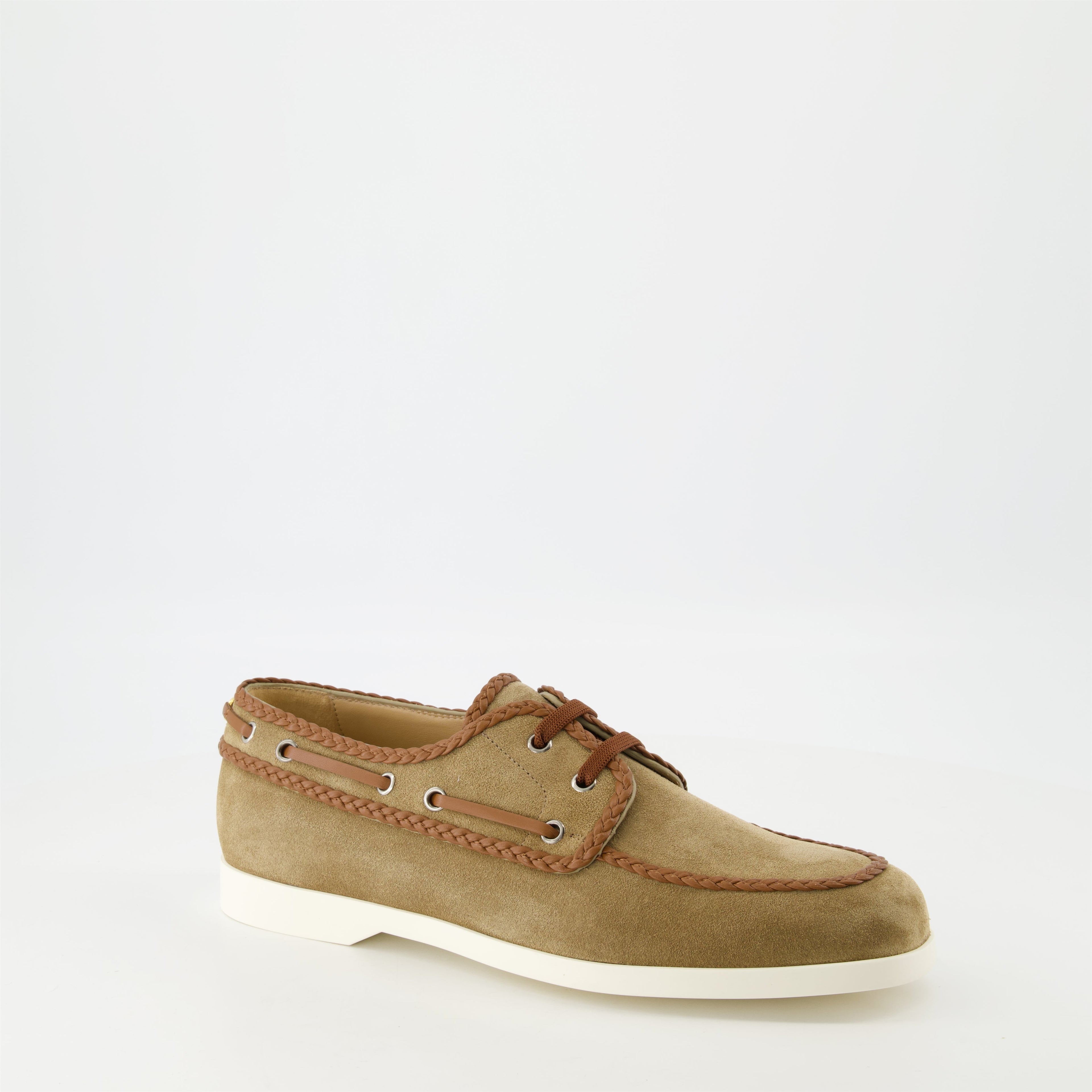 Image of Brown Boat Shoes by Valentino Garavani for Men - Season Spring-Summer 2025 - Front Right Three-Quarter View