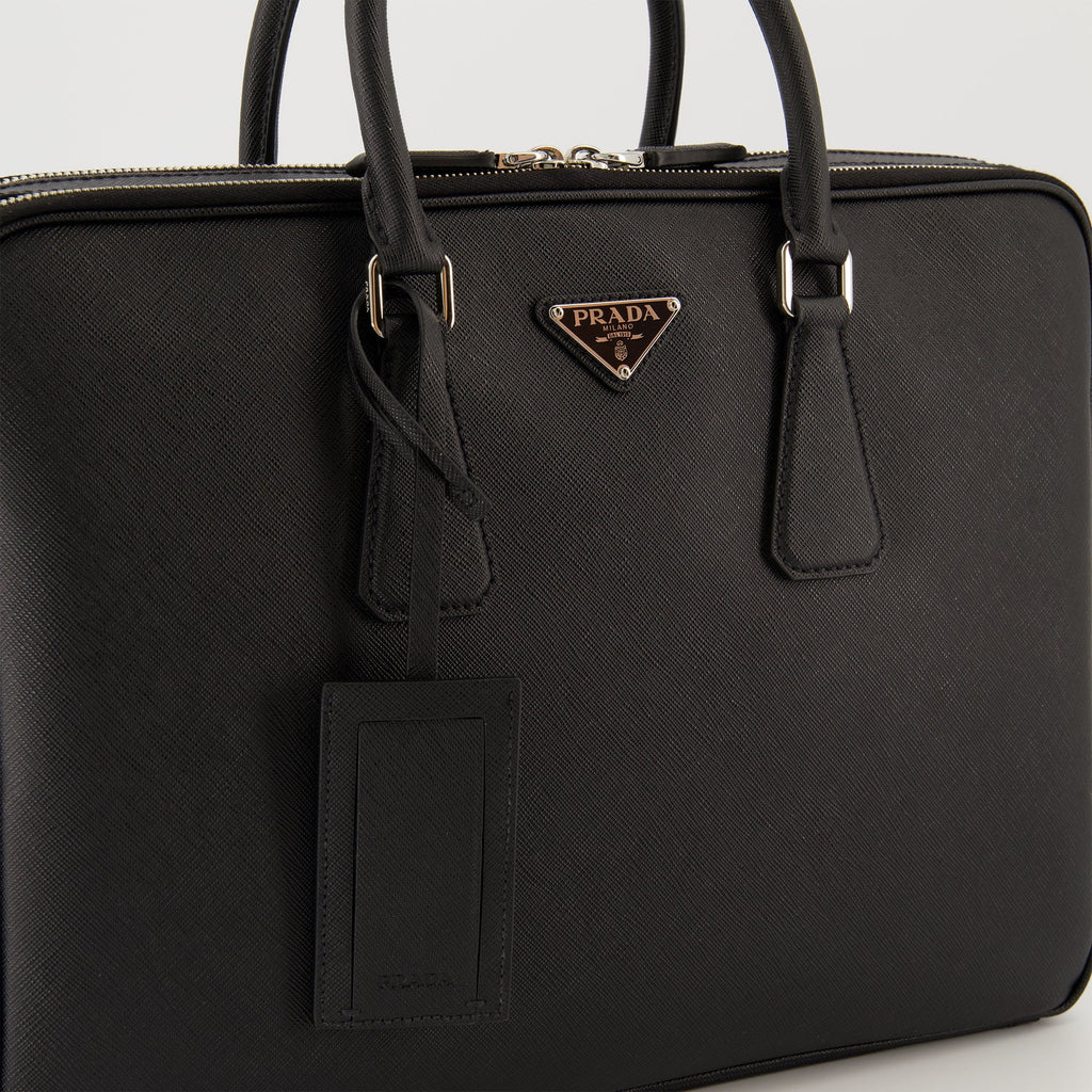 Prada briefcase, Saffiano leather bag, black leather briefcase, luxury leather accessories, designer briefcase