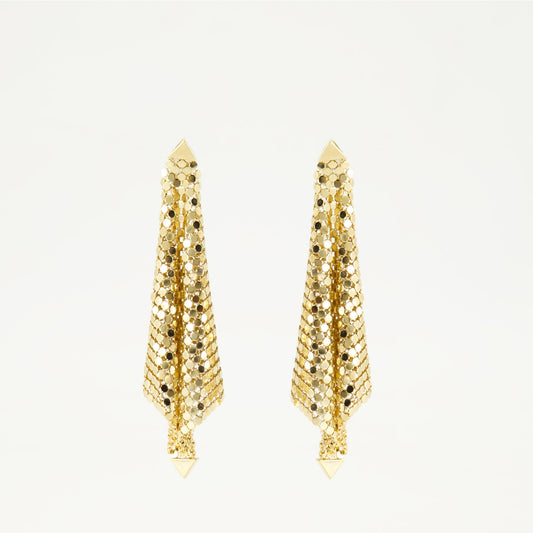 pixel earrings, golden earrings, metallic mesh, Rabanne earrings, contemporary accessories