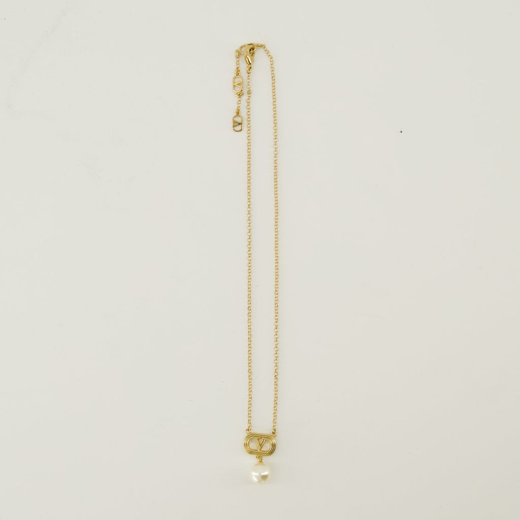 Valentino Garavani necklace, Vlogo pearl necklace, luxury accessories, gold metal jewelry, designer neckwear