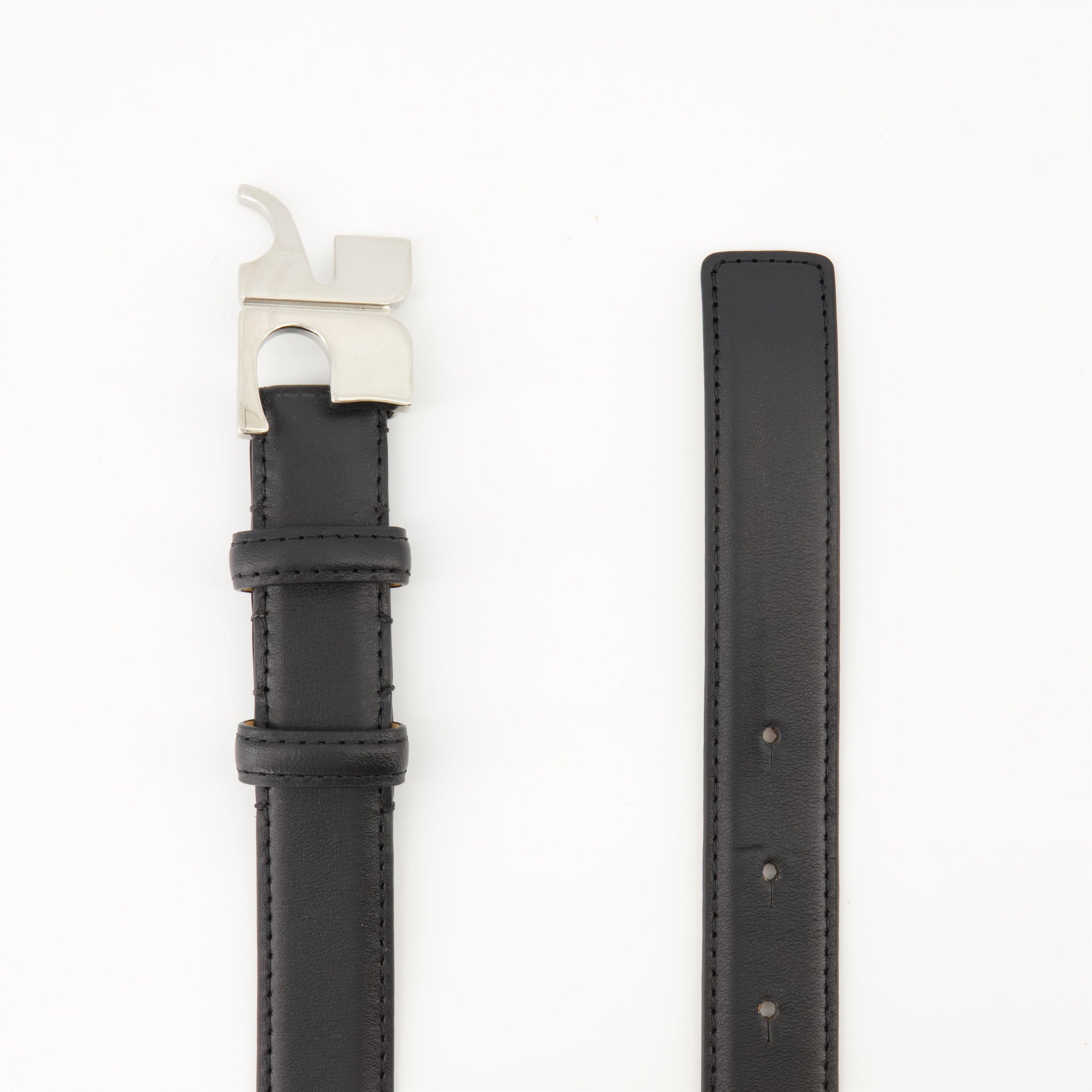 black leather belt, adjustable leather belt, Courrèges accessories, metallic buckle belt, men's fashion belt