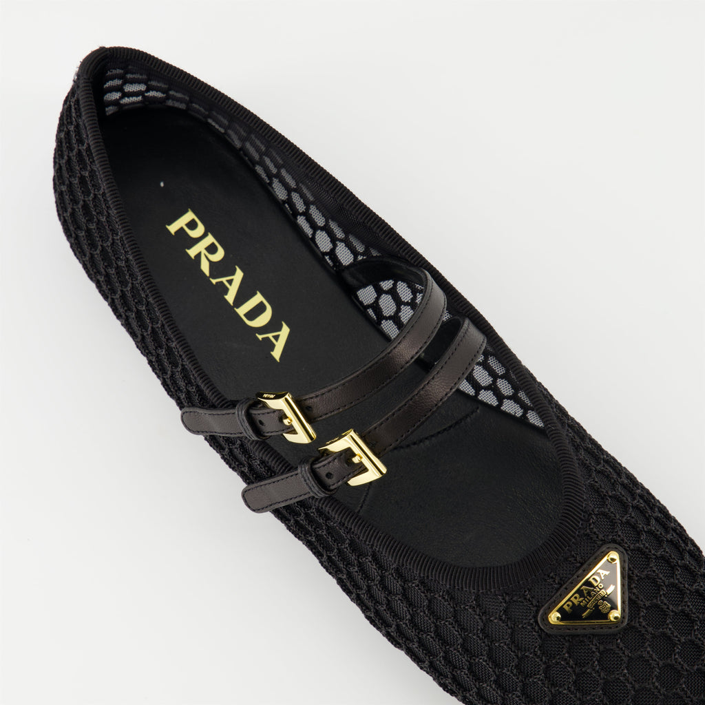 black mesh ballerinas, Prada shoes, stylish flats, rubber sole ballerinas, adjustable strap footwear