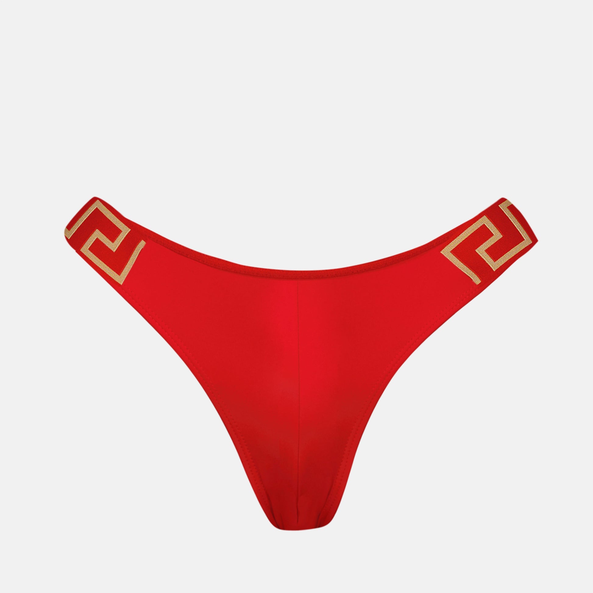 red bikini bottoms, Greca elastic, Versace bikini, high-cut design, Autumn-Winter 2024