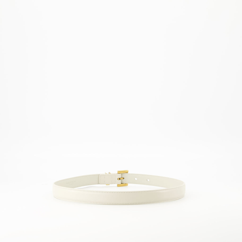 Cassandre white belt, luxury leather belt, Saint Laurent accessories, adjustable belt, refined fashion accessory