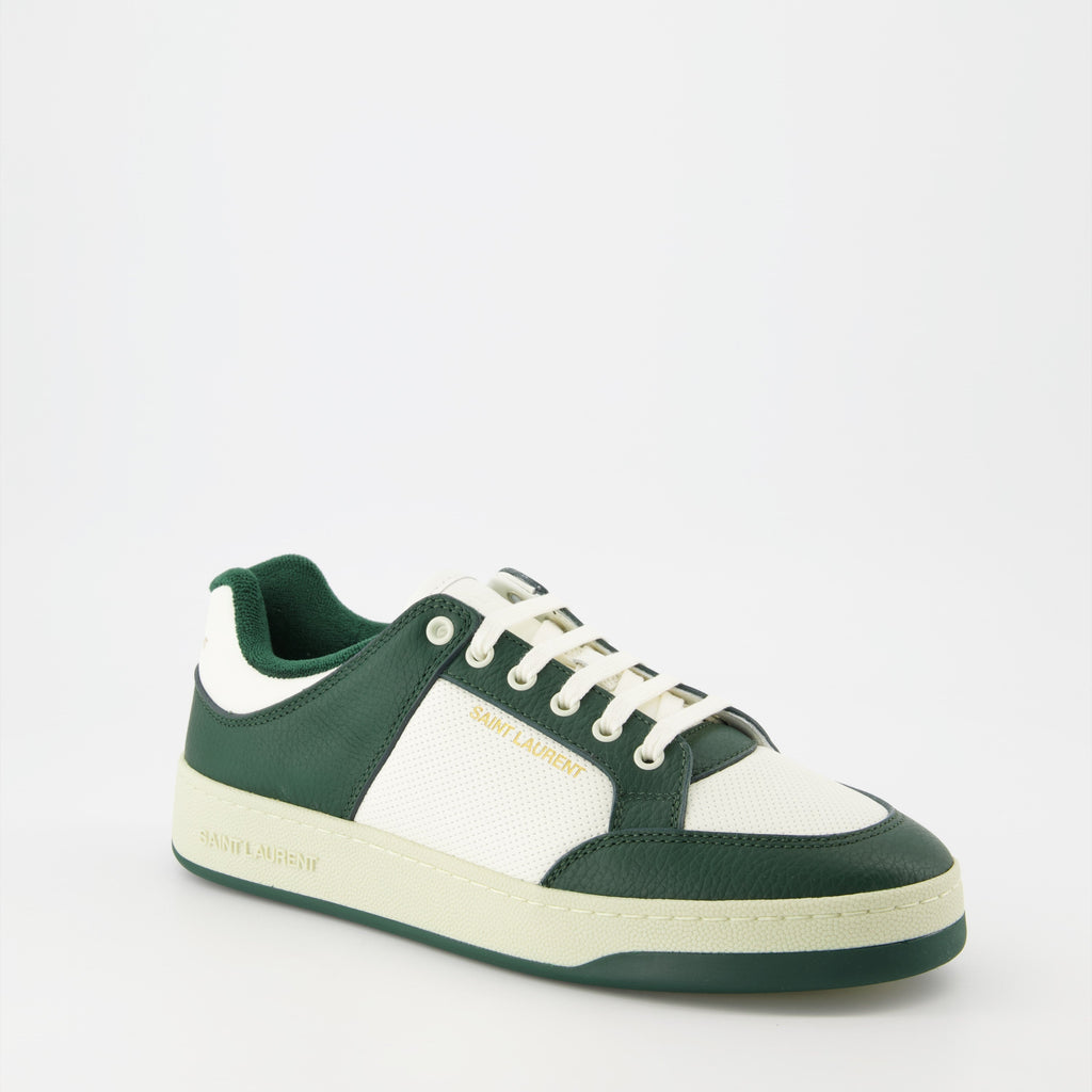Image of White and Green Textured Leather Sneakers by Saint Laurent for Men - Season Autumn-Winter 2024 - Back Right Three-Quarter View