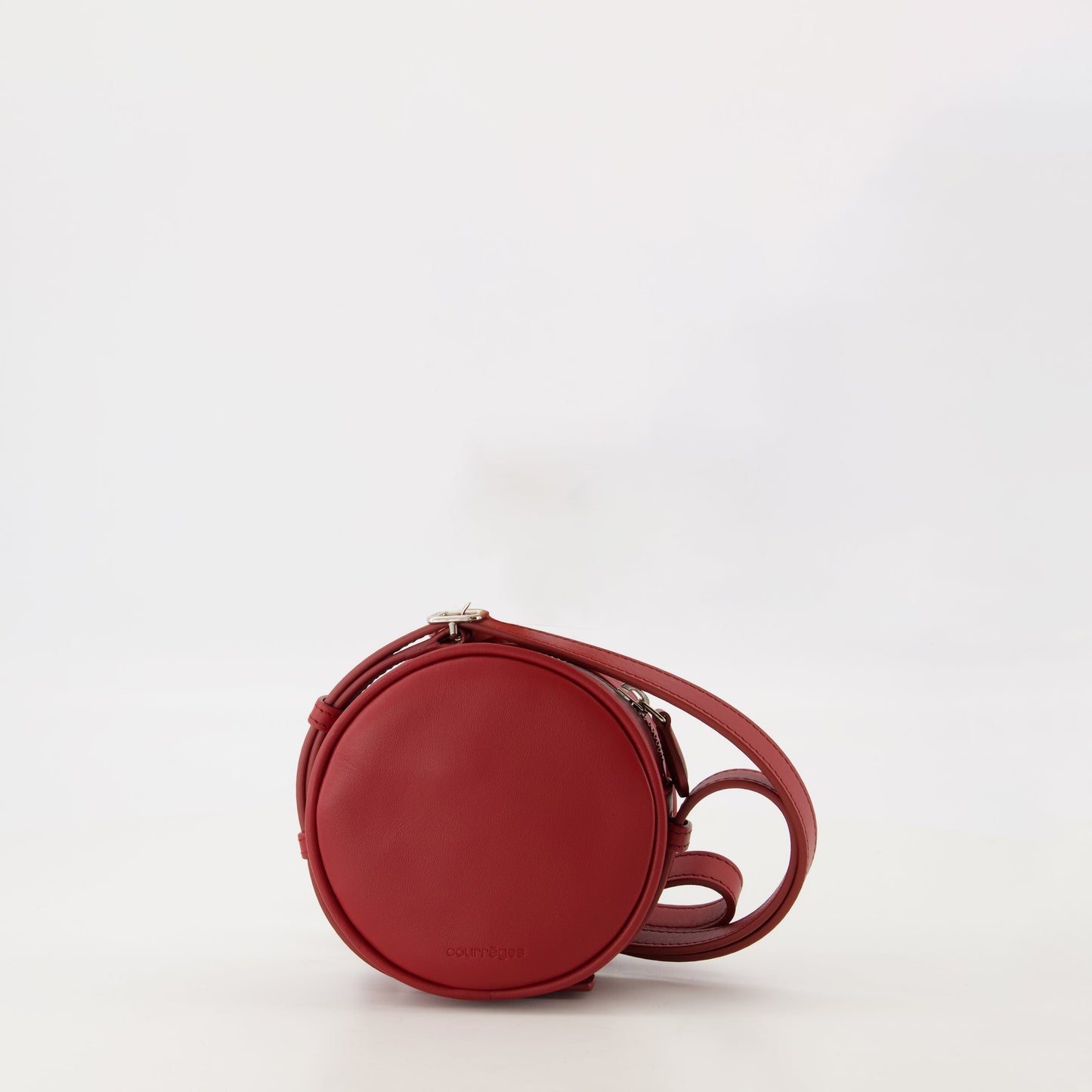 red leather bag, round bag, unisex bag, Courrèges, luxury accessory