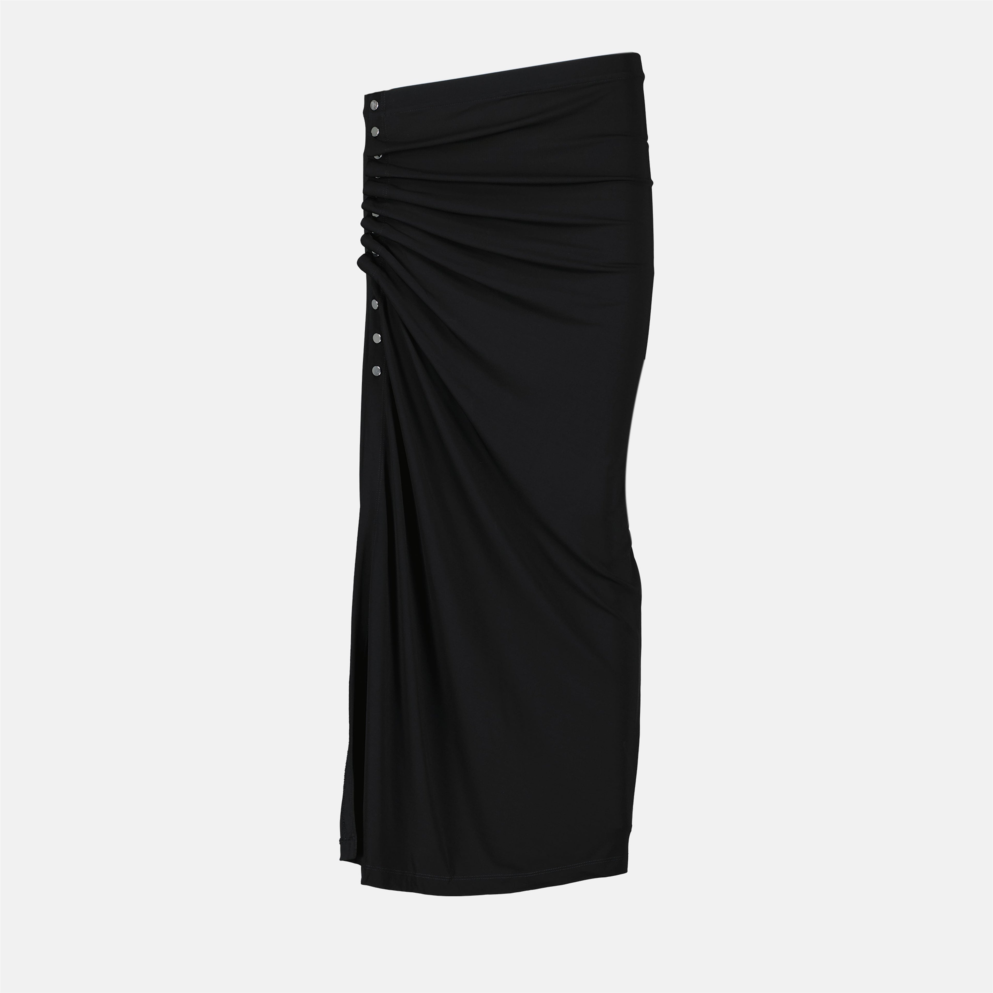 draped midi skirt, Rabanne, black skirt, Autumn-Winter 2025, viscose elastane blend