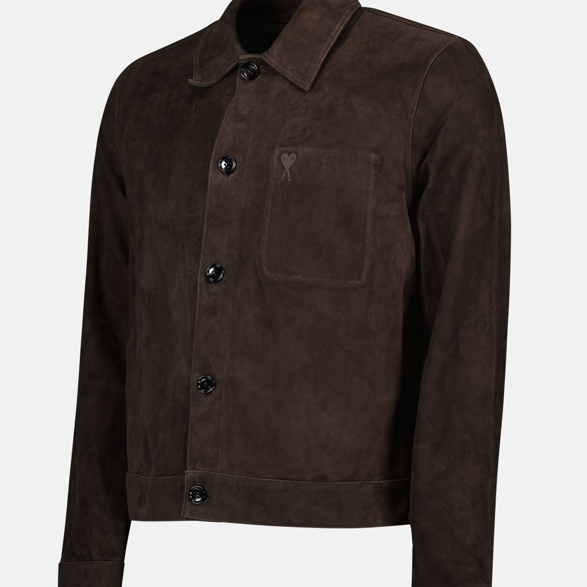 Brown suede overshirt, leather overshirt, AMI Paris overshirt, Autumn-Winter 2024 fashion, luxury suede shirt