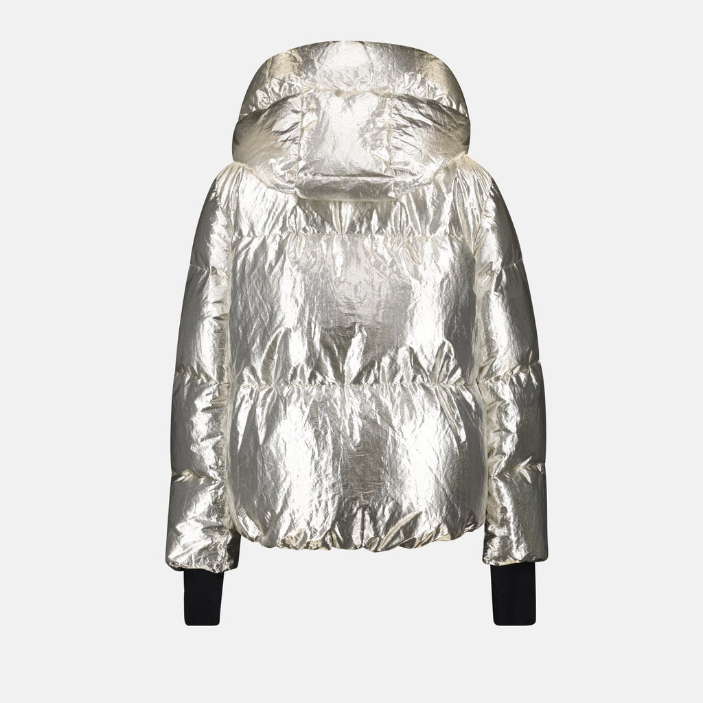 Moncler jacket, silver down jacket, oversized jacket, Trevelin jacket, shearling collar
