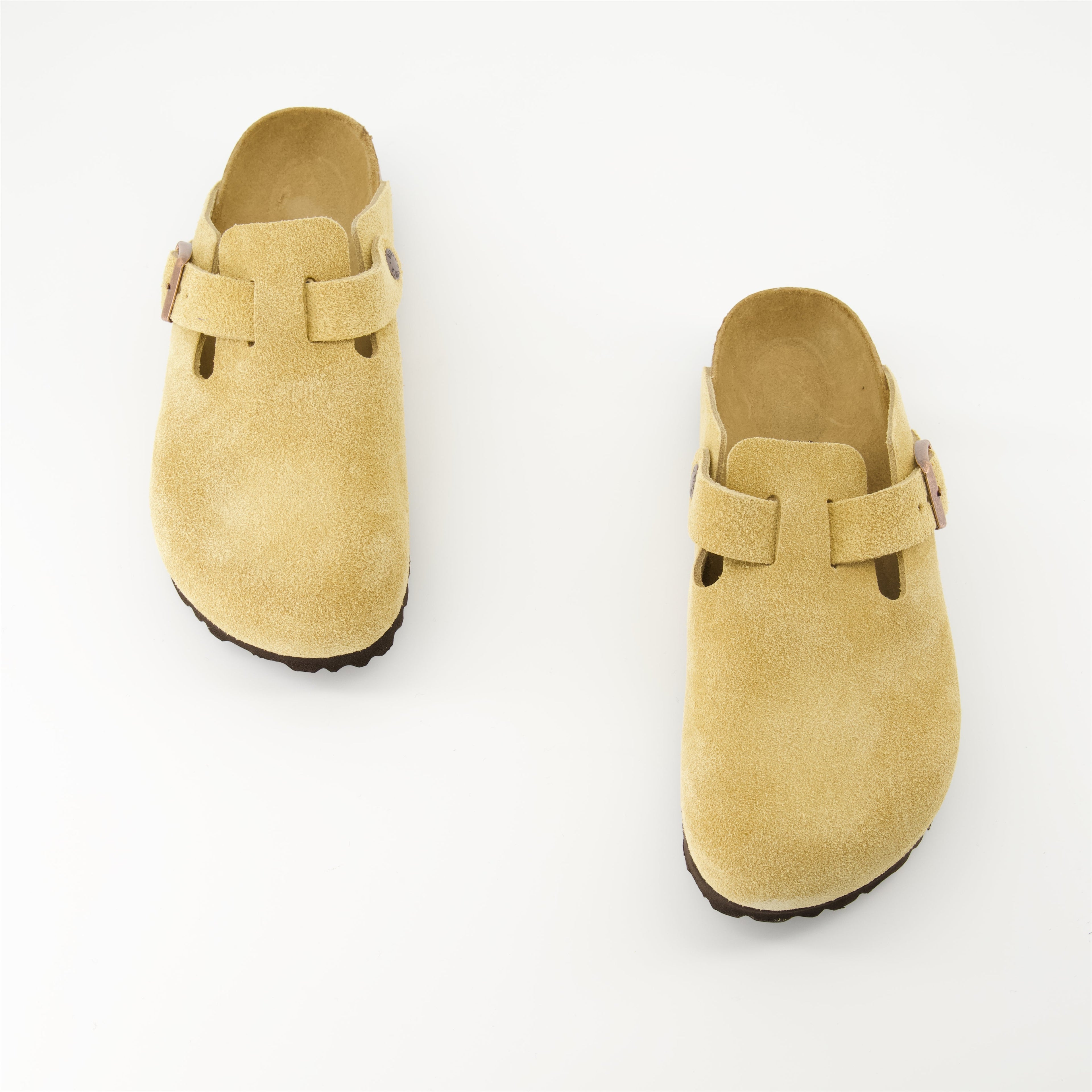 Birkenstock, Boston mules, beige mules, leather footwear, comfortable slip-ons
