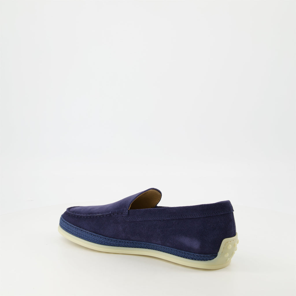 blue suede moccasins, slip-on shoes, gum sole, artisanal detail, contemporary footwear