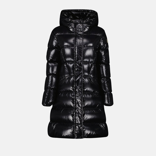 Bellevue puffer coat, Moncler black coat, luxury outerwear, winter fashion 2024, high-shine nylon coat