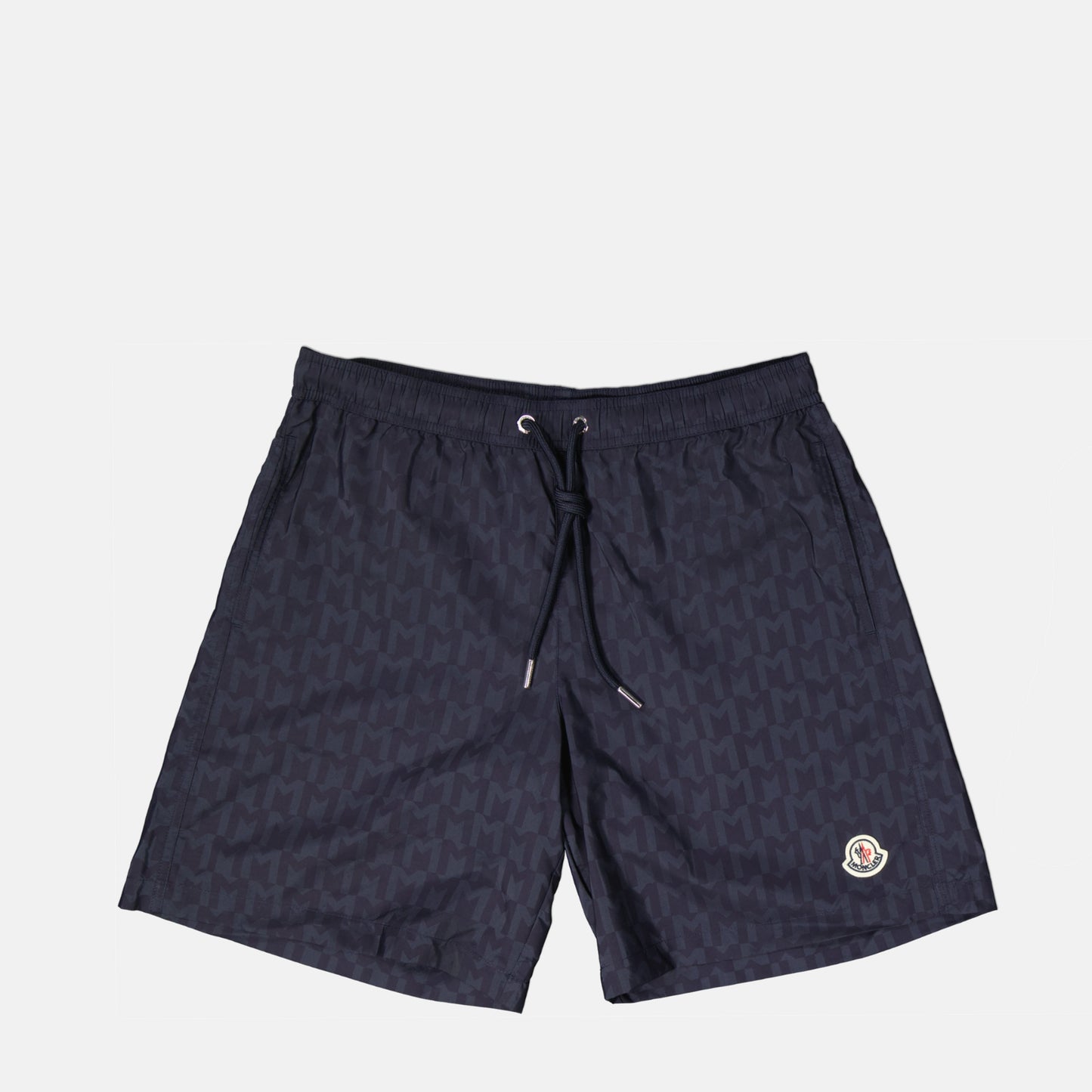 Monogrammed swim shorts, Moncler swimwear, blue swim shorts, adjustable drawstrings, nylon swim shorts