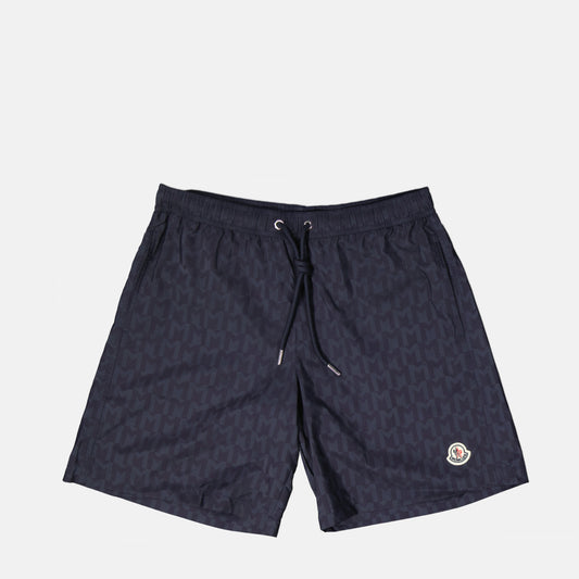 Monogrammed swim shorts, Moncler swimwear, blue swim shorts, adjustable drawstrings, nylon swim shorts