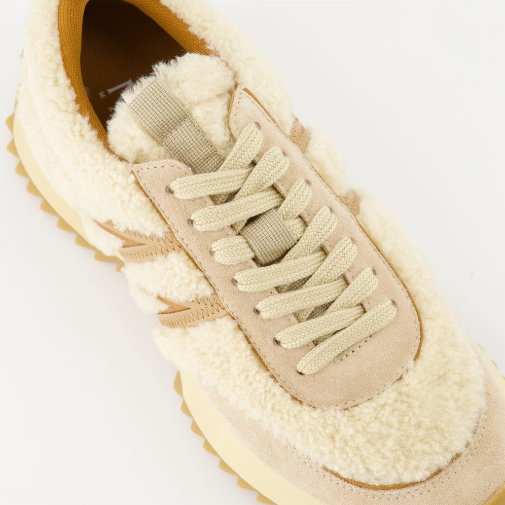 - Shearling sneakers- Moncler AW 2024- Luxury footwear- Beige suede sneakers- High-end casual shoes