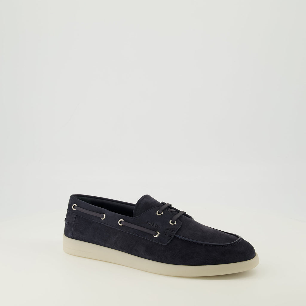 Image of Suede Moccasins by Prada for Men - Season Spring-Summer 2026 - Front Right Three-Quarter View