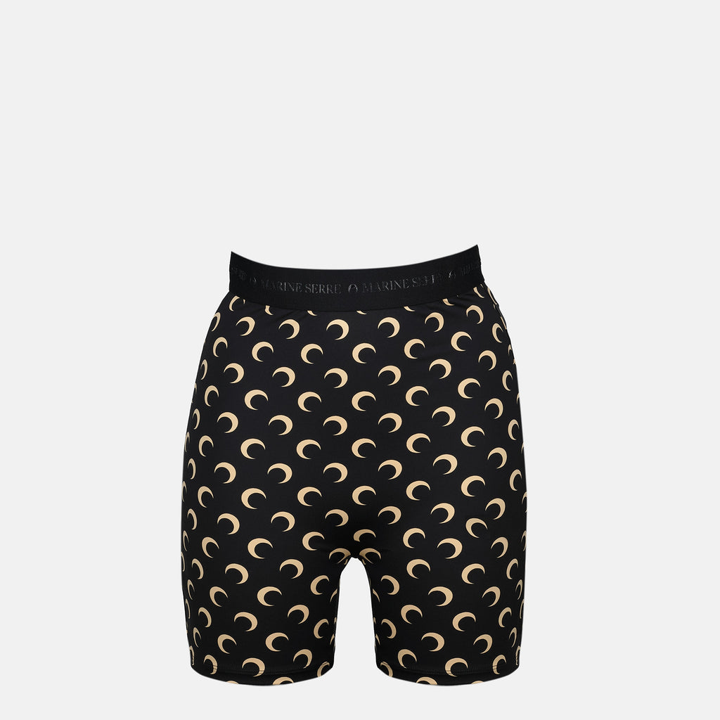 Moon print cycling shorts, Marine Serre shorts, high waist shorts, polyamide athletic wear, Fall-Winter 2025 collection