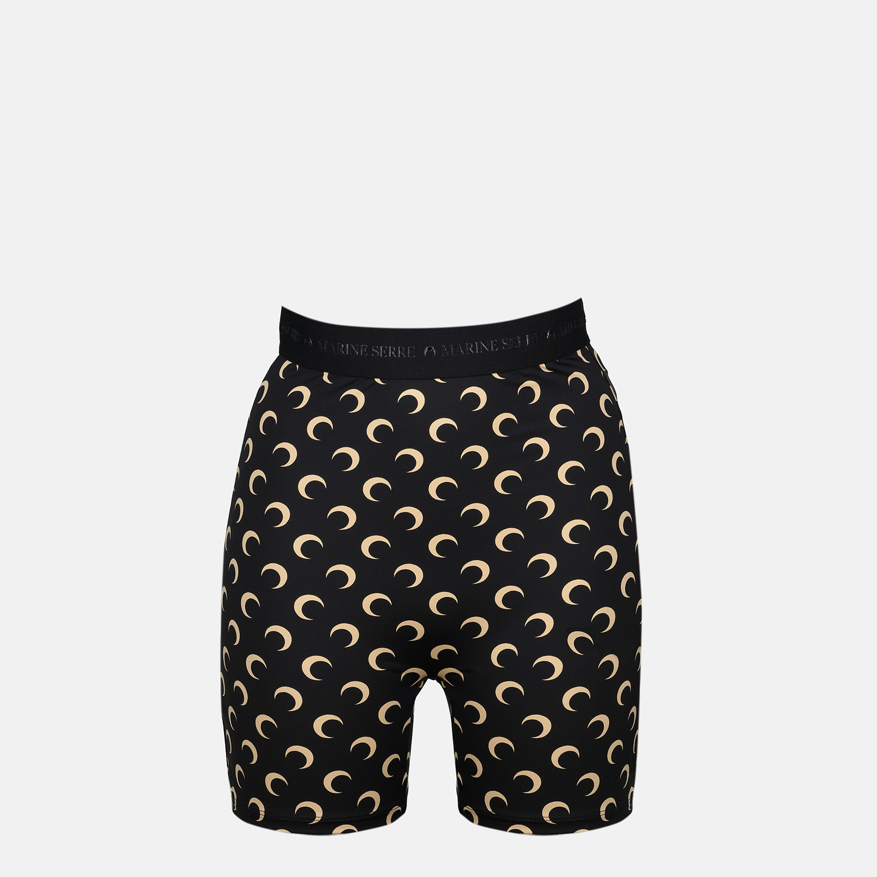 Moon print cycling shorts, Marine Serre shorts, high waist shorts, polyamide athletic wear, Fall-Winter 2025 collection
