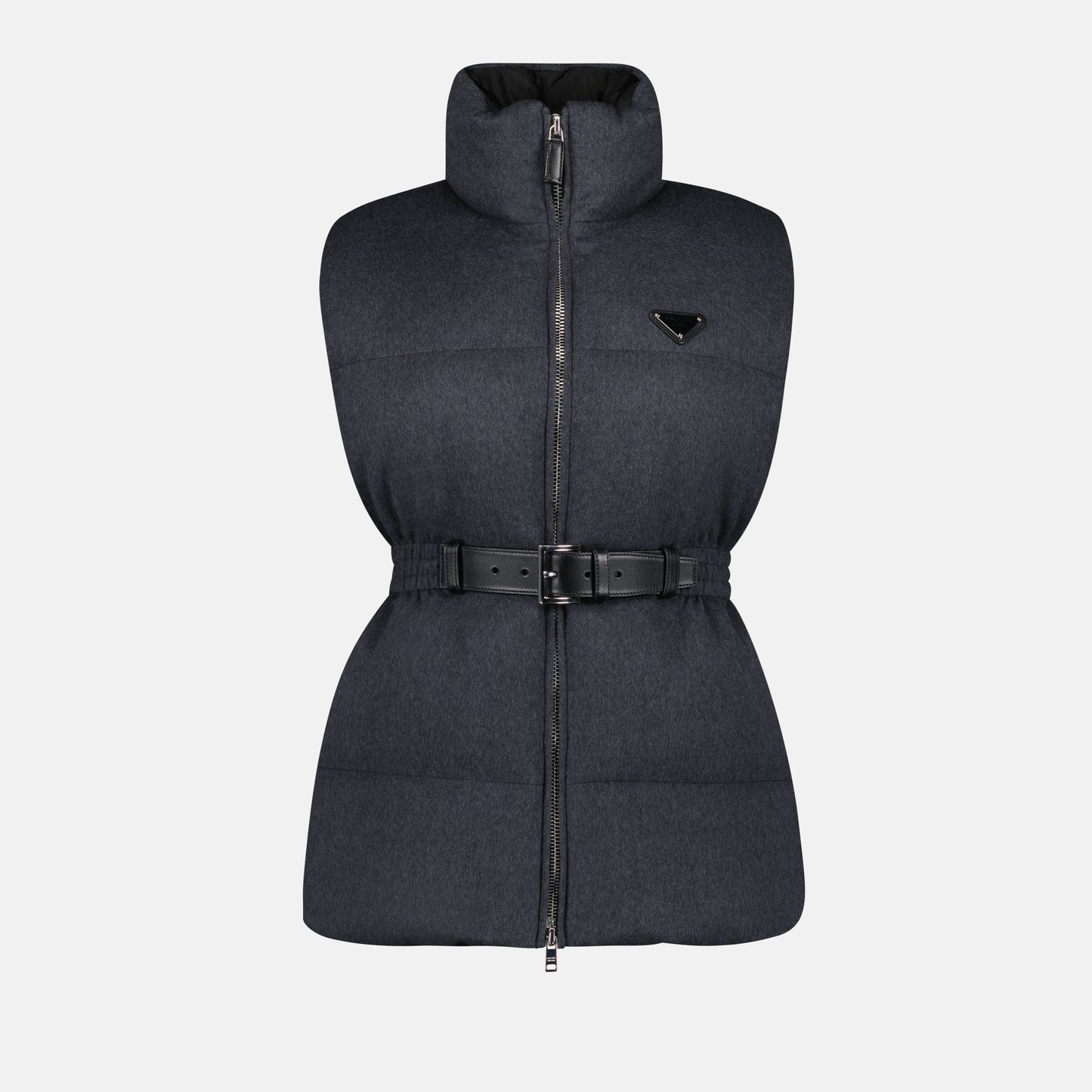 sleeveless down jacket, luxury wool jacket, Prada Autumn-Winter 2024, high collar jacket, grey wool vest