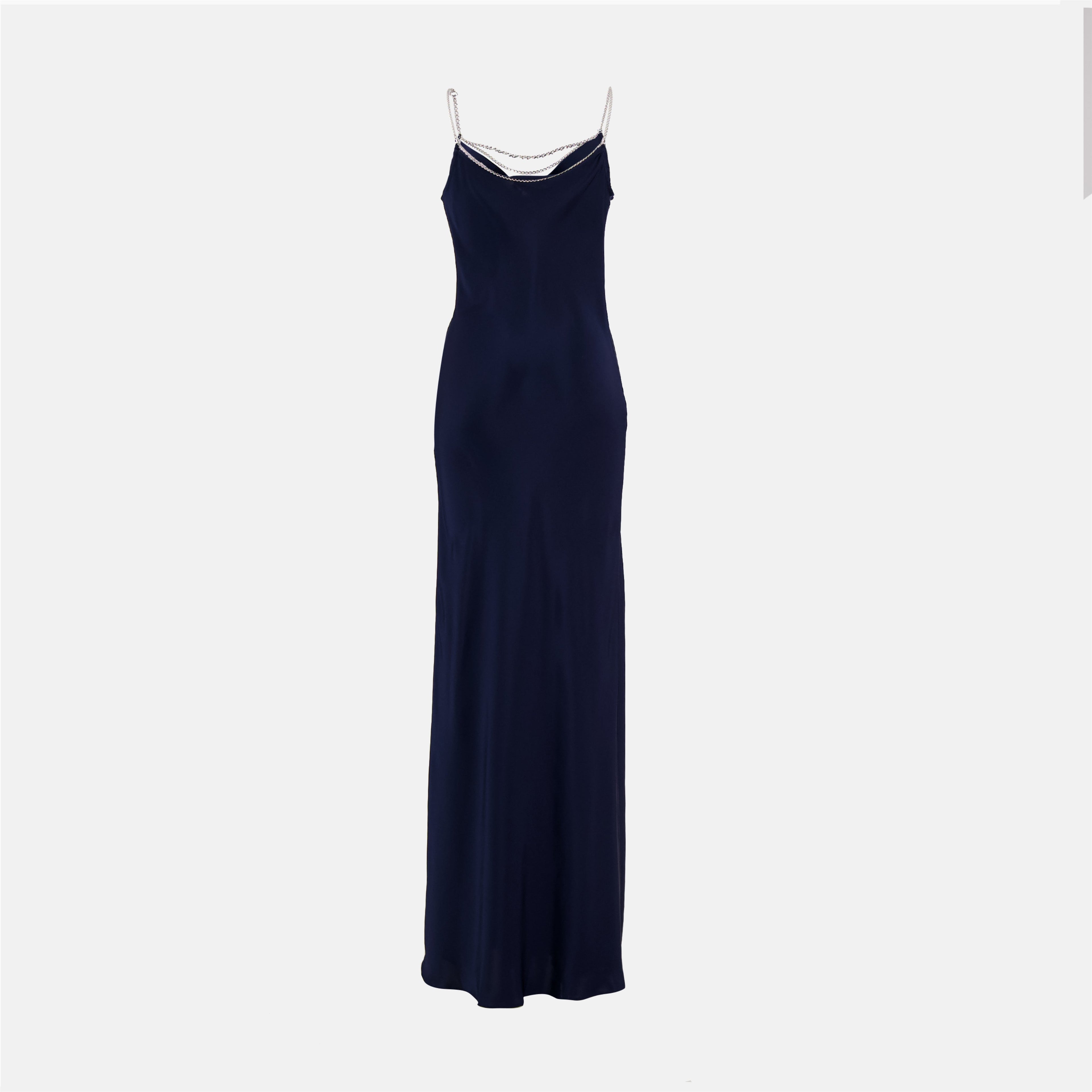 satin long dress, navy blue dress, Rabanne dress, evening dress, women's fashion