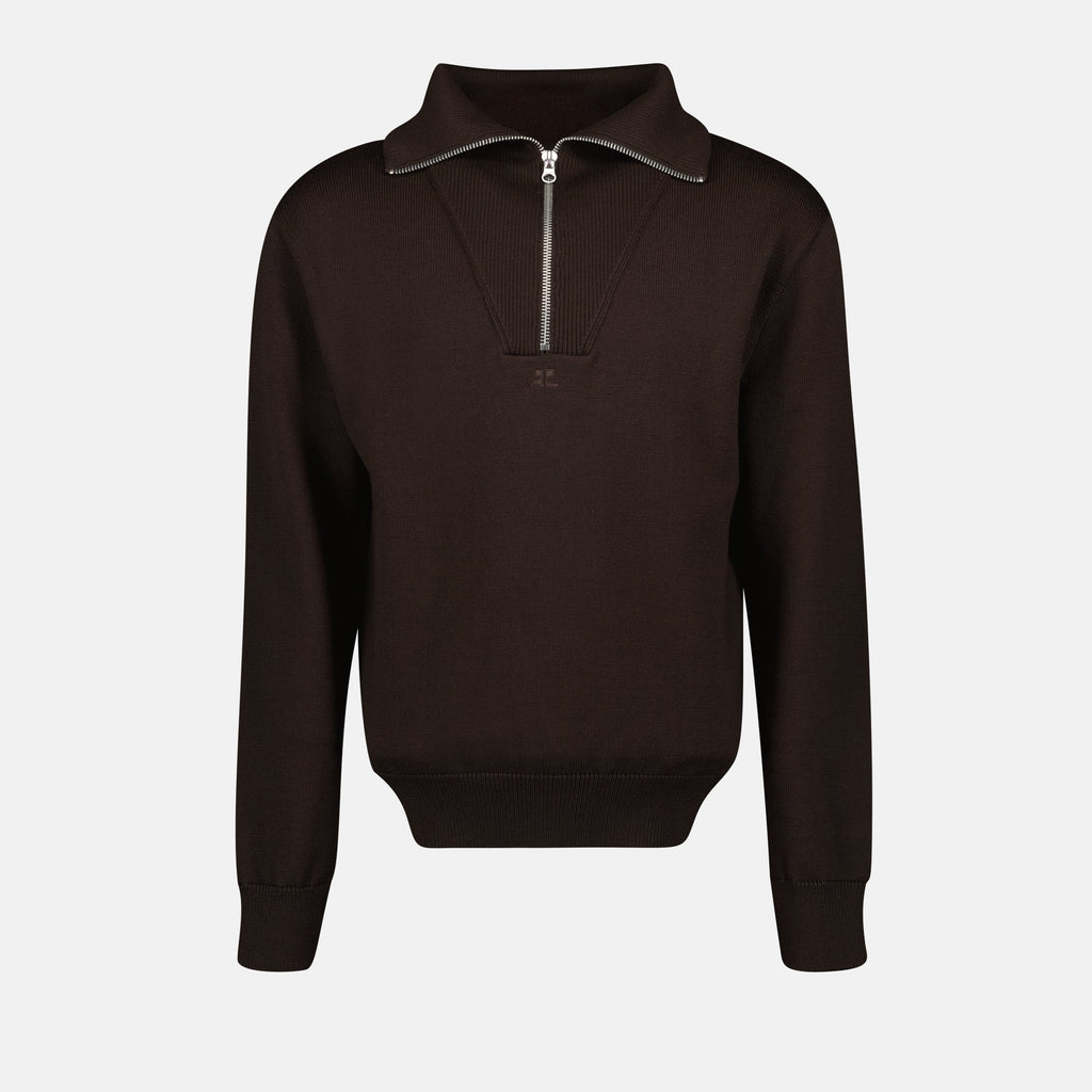 Image of Brown Turtleneck Sweater with Zip by Courreges for Men - Season Autumn-Winter 2024 - Front View