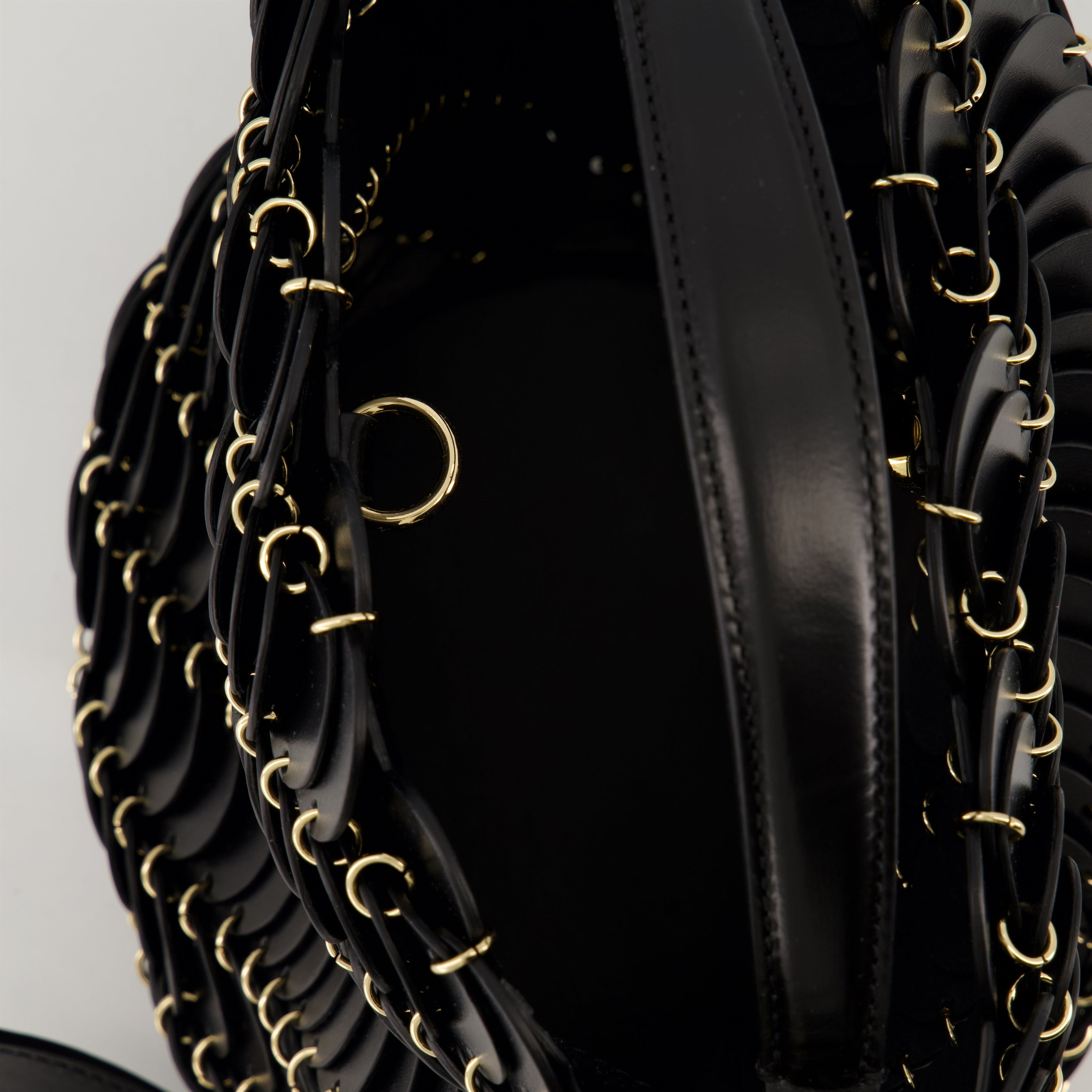 bucket bag, black handbag, Rabanne accessory, calf leather bag, chic purse