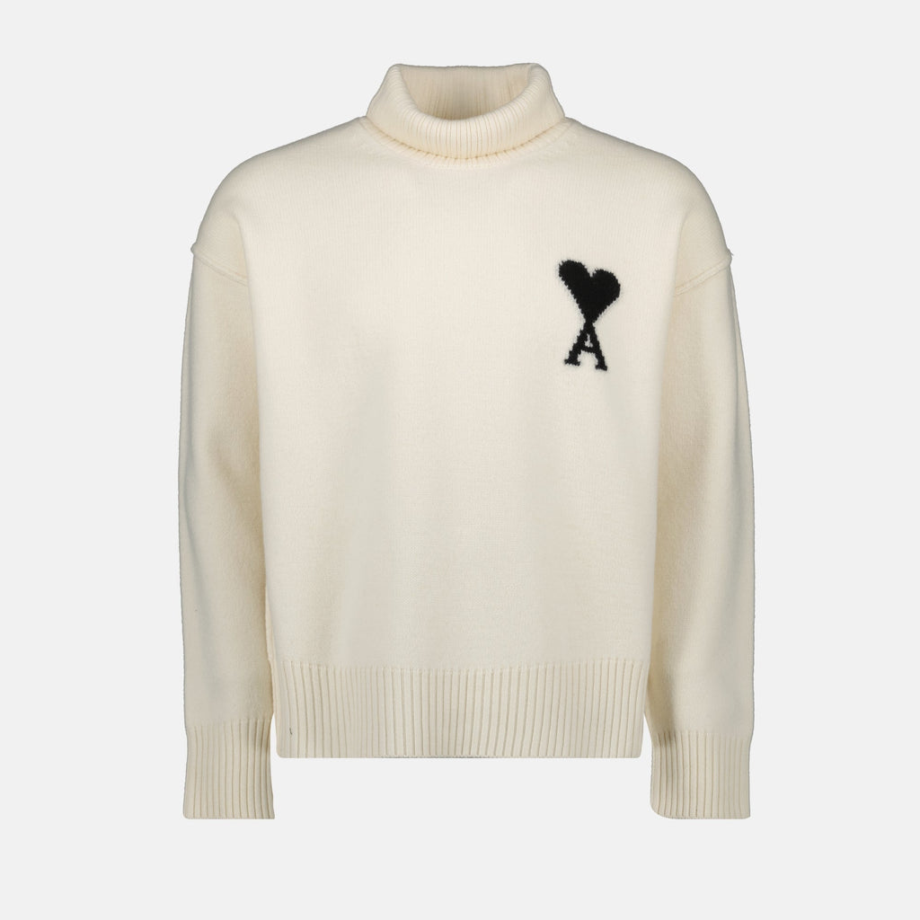 Ami Paris sweater, beige knitted sweater, unisex wool pullover, Ami de Coeur, roll neck sweater