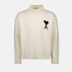 Ami Paris sweater, beige knitted sweater, unisex wool pullover, Ami de Coeur, roll neck sweater