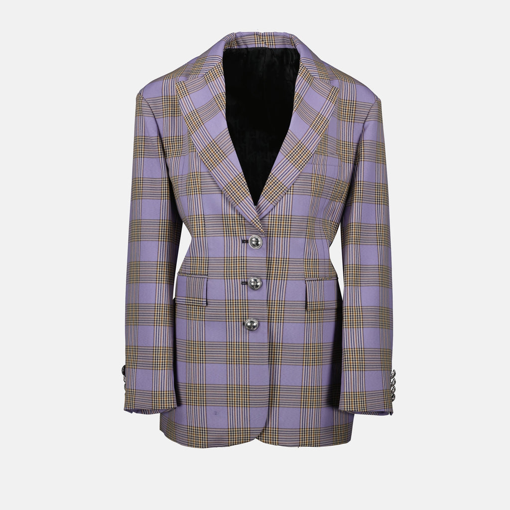 purple blazer, oversized blazer, checkered blazer, Rabanne fashion, women's outerwear