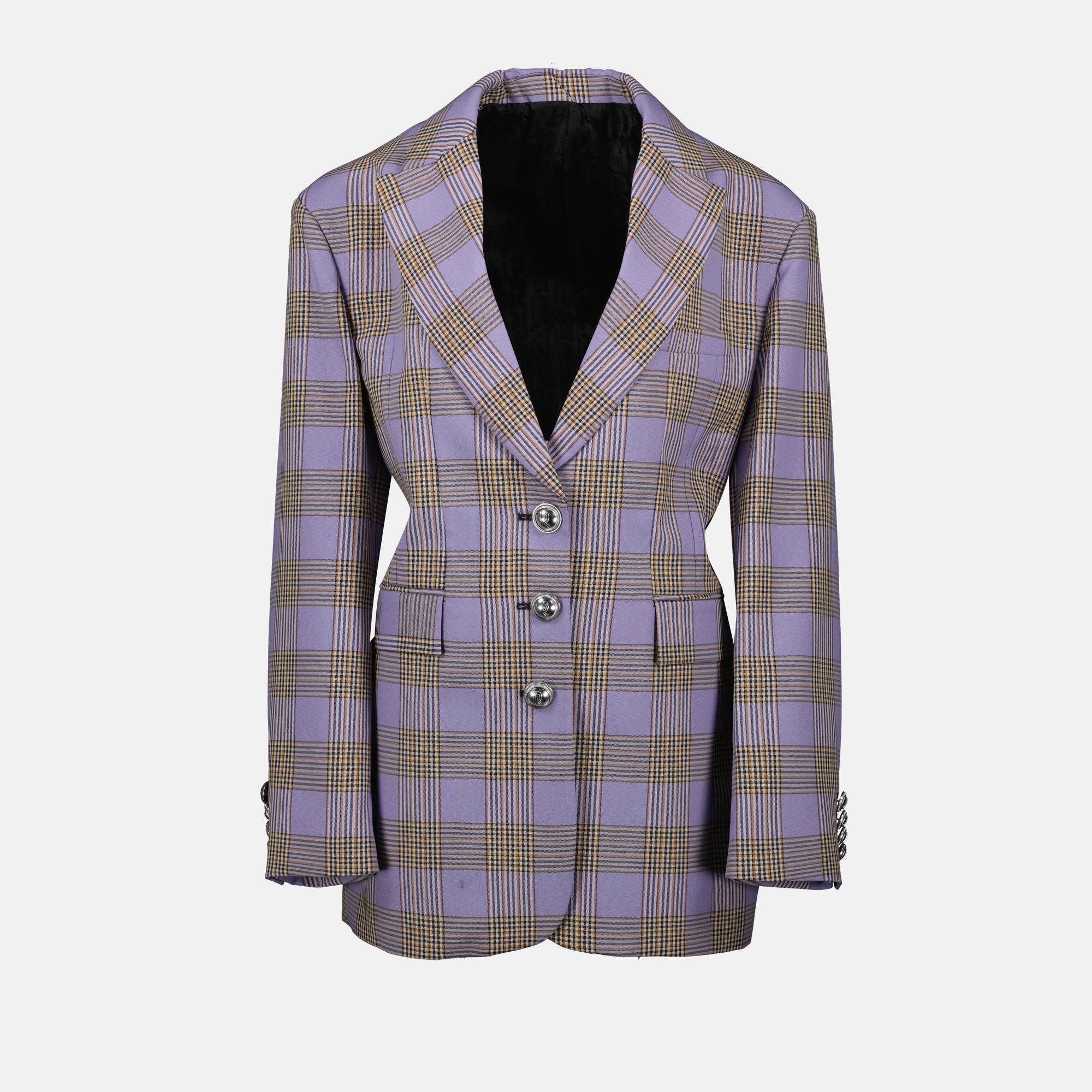purple blazer, oversized blazer, checkered blazer, Rabanne fashion, women's outerwear