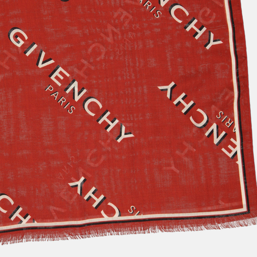 Givenchy stole, silk wool accessory, red stole, fringed edges, Givenchy Paris