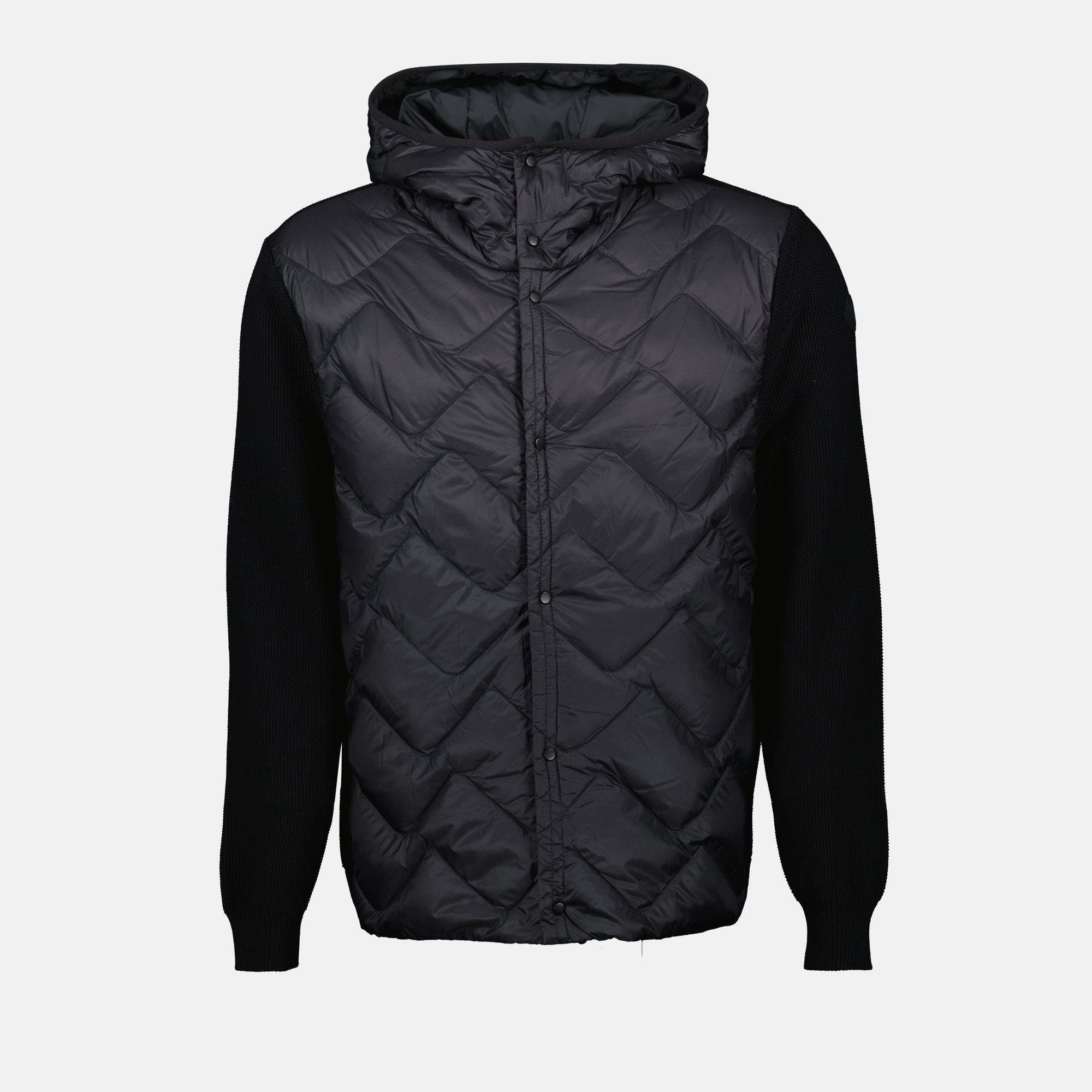 Imagem de Casaco Preto Acolchoado Bi-material da Moncler para Homens - Temporada Primavera-Verão 2025 - Vista Frontal